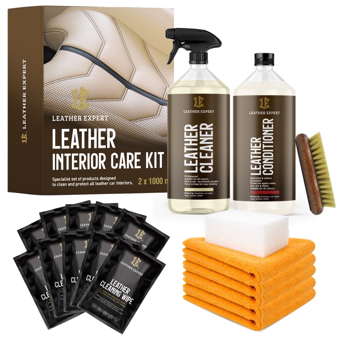 Leather Expert Interior Care Kit 2 x 1000 ml – Kit di pulizia e cura per la pelle Set detergente per pelle liscia Set per la pulizia di tappezzeria auto in pelle condizionatore per pelle nuova e usata