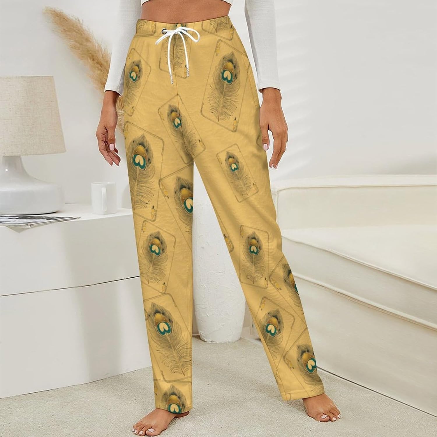 Peacock Feather Card Women's Pajama Pants Flannel Lounge Bottoms with Pockets Comfy Wide Leg Sleep Pant