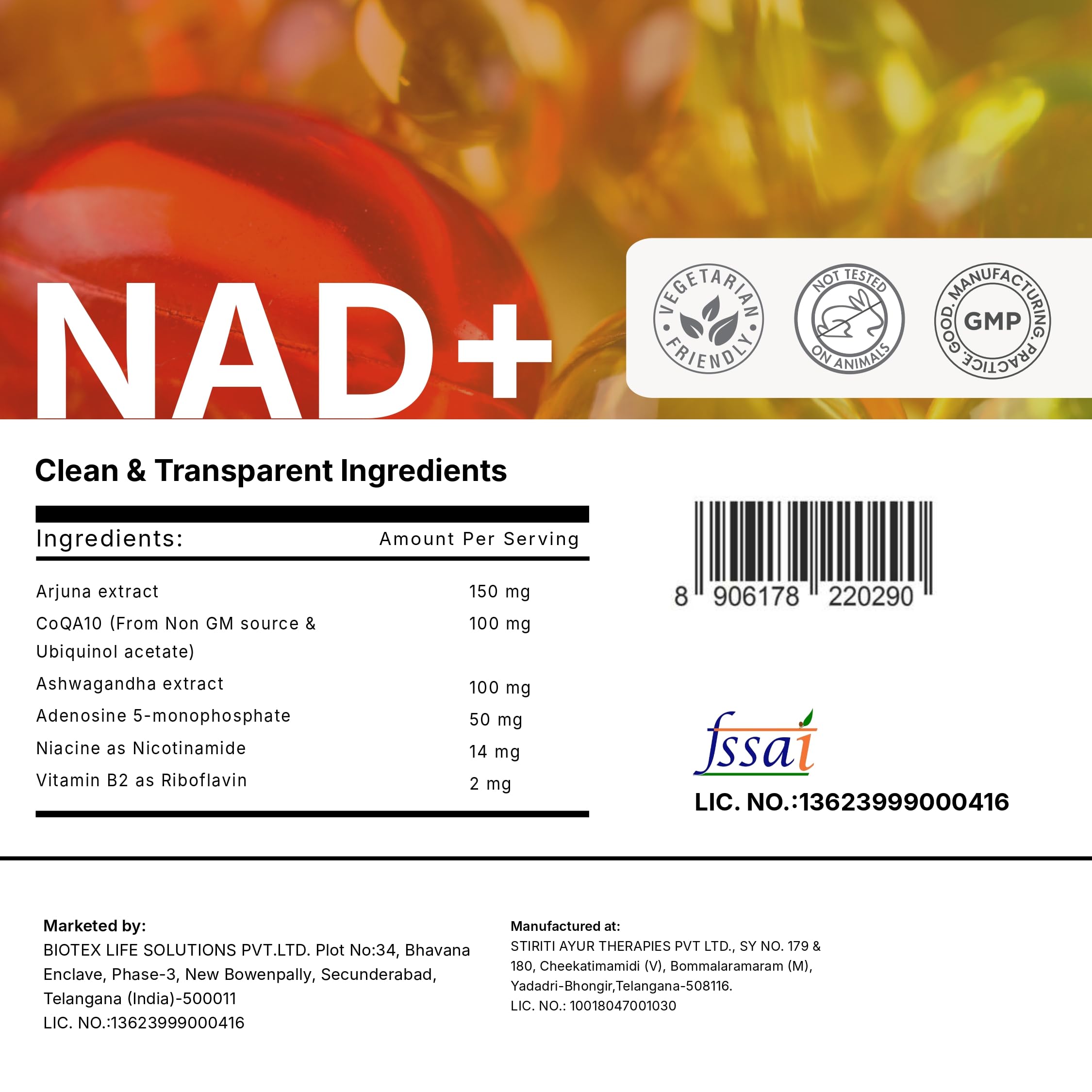 Biotex NAD+ Capsules with CoQ10 (Ubiquinol), Ashwagandha & Arjuna | Nutraceutical Supplement for Daily Wellness & Energy Support | For Men & Women | 30 Veg Capsules — Amazon image 3