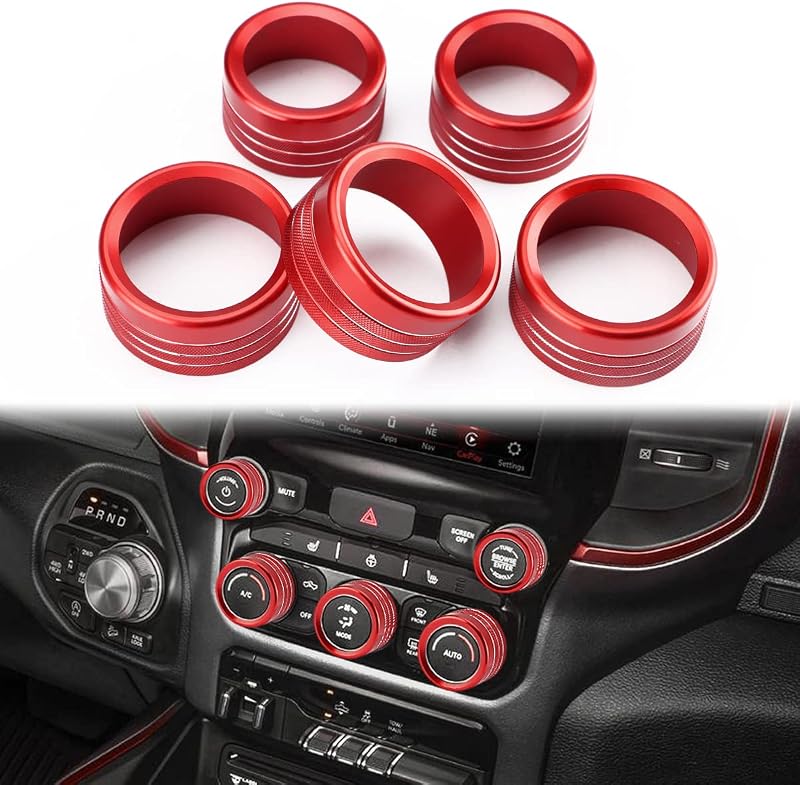 Capas de acabamento para knobs do ar-condicionado e volume auovo vermelhas para Ram 1500, 2500 e 3500 2019–2022 com tela de 8,4" – Kit com 5 unidades