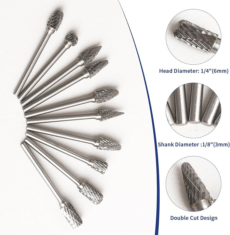 YSDMY 10 részes keményfém vágófej szett 3mm szárral, 6mm csiszoló fejjel