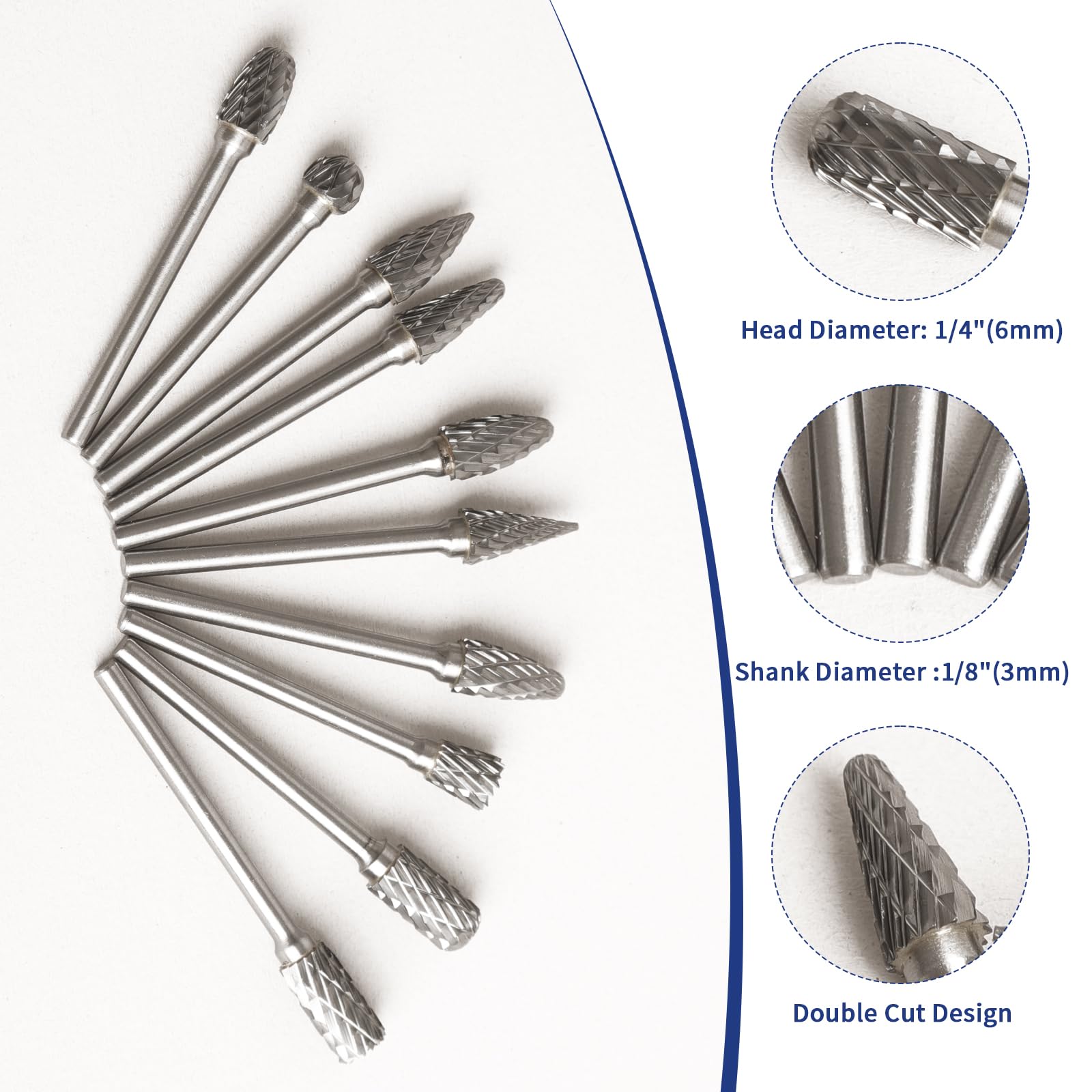 YSDMY Hartmetall Frässtifte Set Hartmetallfräser,10 Stück Wolframcarbid Fräser Schaftfräser mit 3 mm Schaft, 6 mm Schleifkopf，Für Holzbearbeitung, Schnitzen, Polieren, Gravieren, Bohren