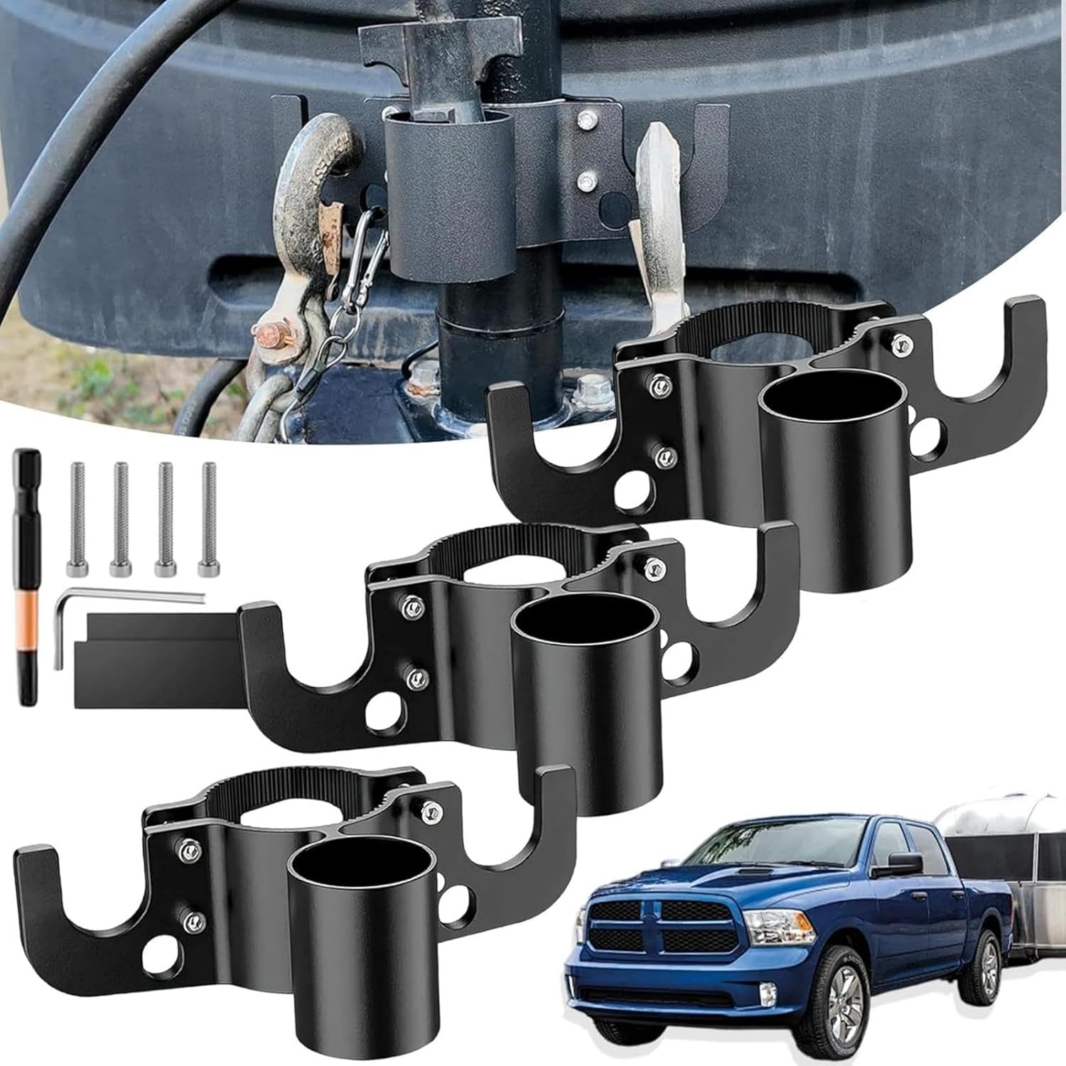 Aluminum Trailer Chain Holder,2026 New Aluminum RV Towing Chain Organizer & 7-Way Plug Holder, Heavy Duty Anti-Rust Cable Wire Harness Holder for 2" 2¼" Tongue Jack RV Camper Towing (3)