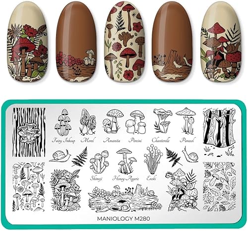 Maniology Magic Mushrooms Nail Stamping Plate  Hongos Bosques Bosques Caracoles Diseños de Uñas Manicura Reutilizable, Rectangular, Plantilla de
