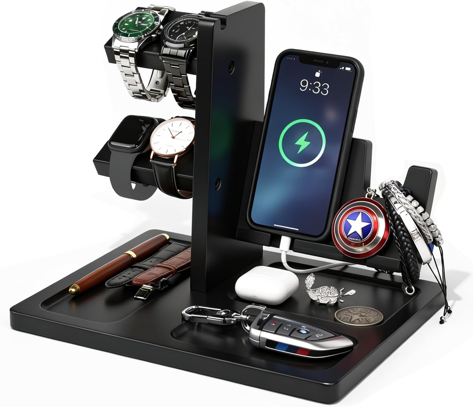 Watch Stand for Men, Solid Wood Watch Holder Organizer with Challenge Coin Display & Valet Tray, Mens Nightstand Organizer for Smartwatch Charging Station, Desk Accessories, Gift for Husband, Dad