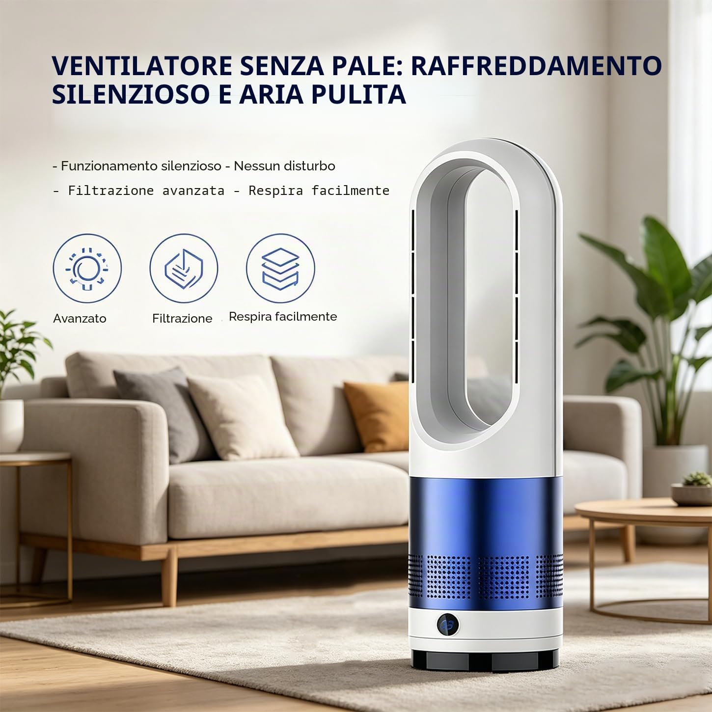 Ventilatore a torre senza pale caldo e freddo da 45,7 cm, oscillante, circolatore d'aria con 8 velocità, timer, purificatore intelligente con telecomando per camera da letto, casa