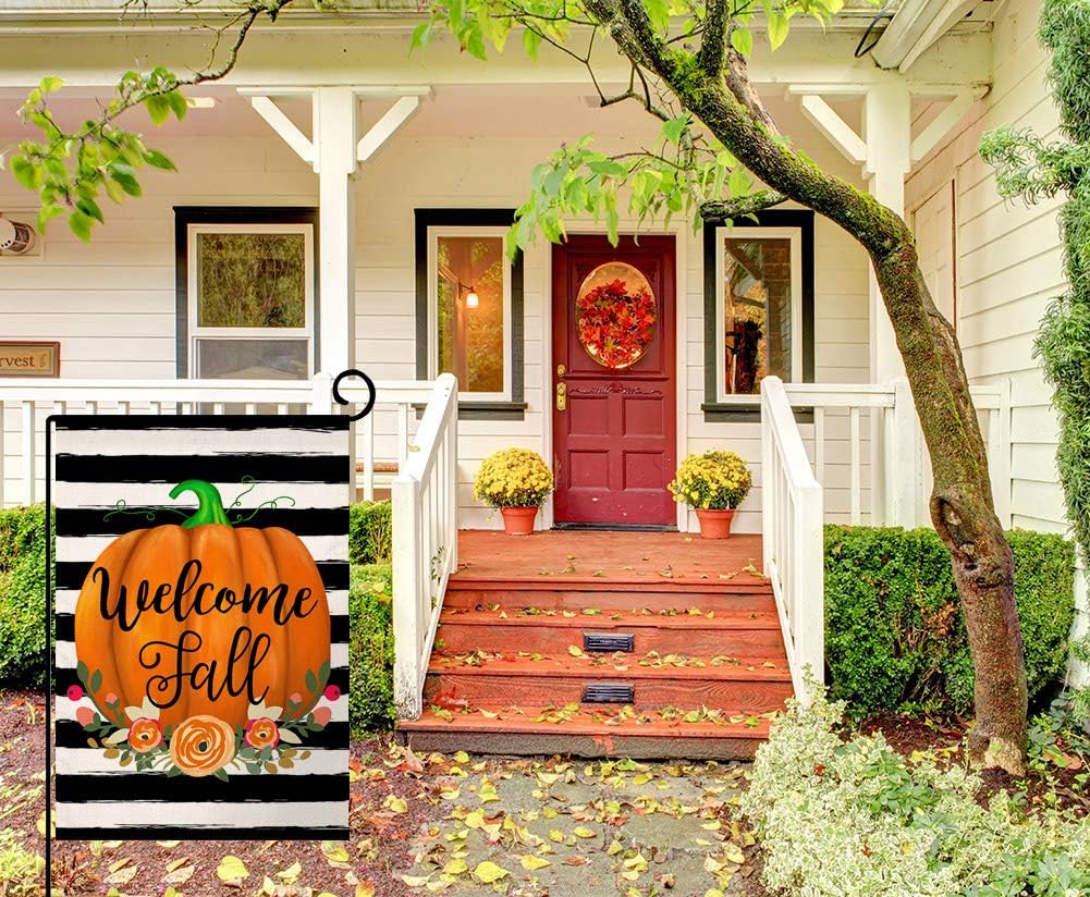 Welcome Fall Pumpkin Stripe Thanksgiving Garden Flag Vertical Double Sided Farmhouse Autumn Burlap Yard Outdoor Decor 12.5 x 18 Inches (163299)