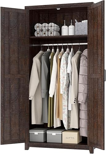 Miniatura 9 de Armario Ropero Grande de 70" Juego de 2 con Barra para Colgar, Gabinete de Almacenamiento de Ropa Estilo Granja con 4 Puertas de Granero, Armarios