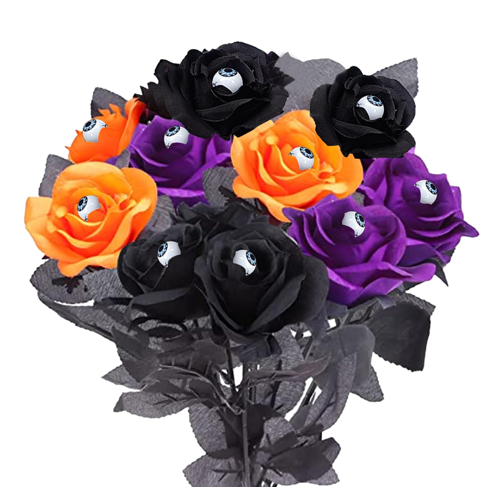 NASSMOSSE Halloween Bouquet 10PCS Artificial Halloween Flowers with Eyeballs Colorful Artificial Roses Silk Rose for Decorations Home Wedding Decor