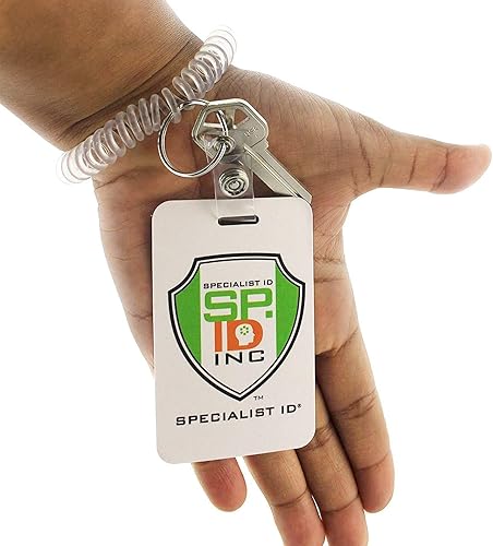 Miniatura 3 de Specialist ID - Paquete de 100 llaveros de bobina de muñeca y soporte para insignia, pulsera retráctil en espiral con llavero y clip para correa de