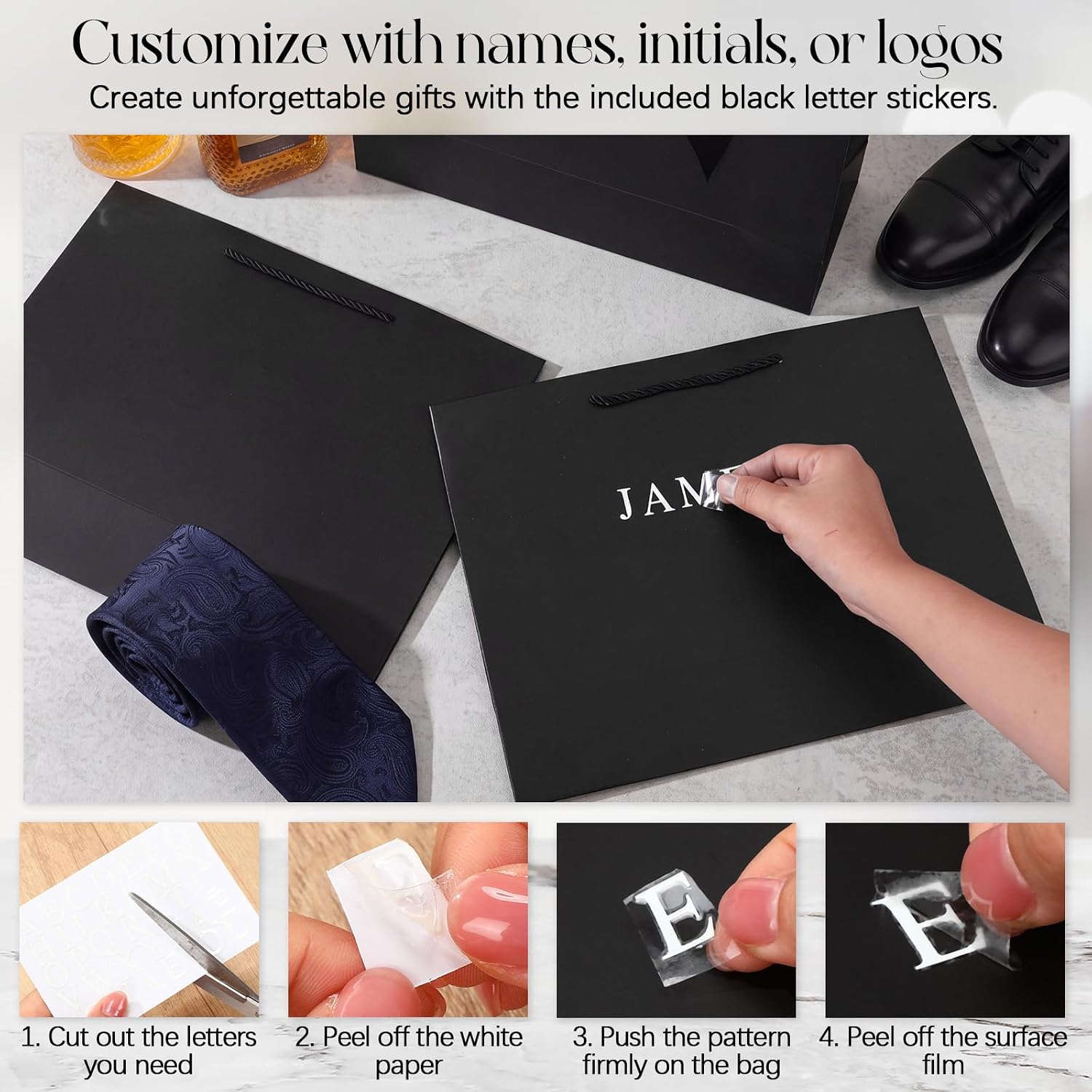 Fullhawl 6 Pack Personalized Groomsmen Gift Bags Black with Name Stickers image 4