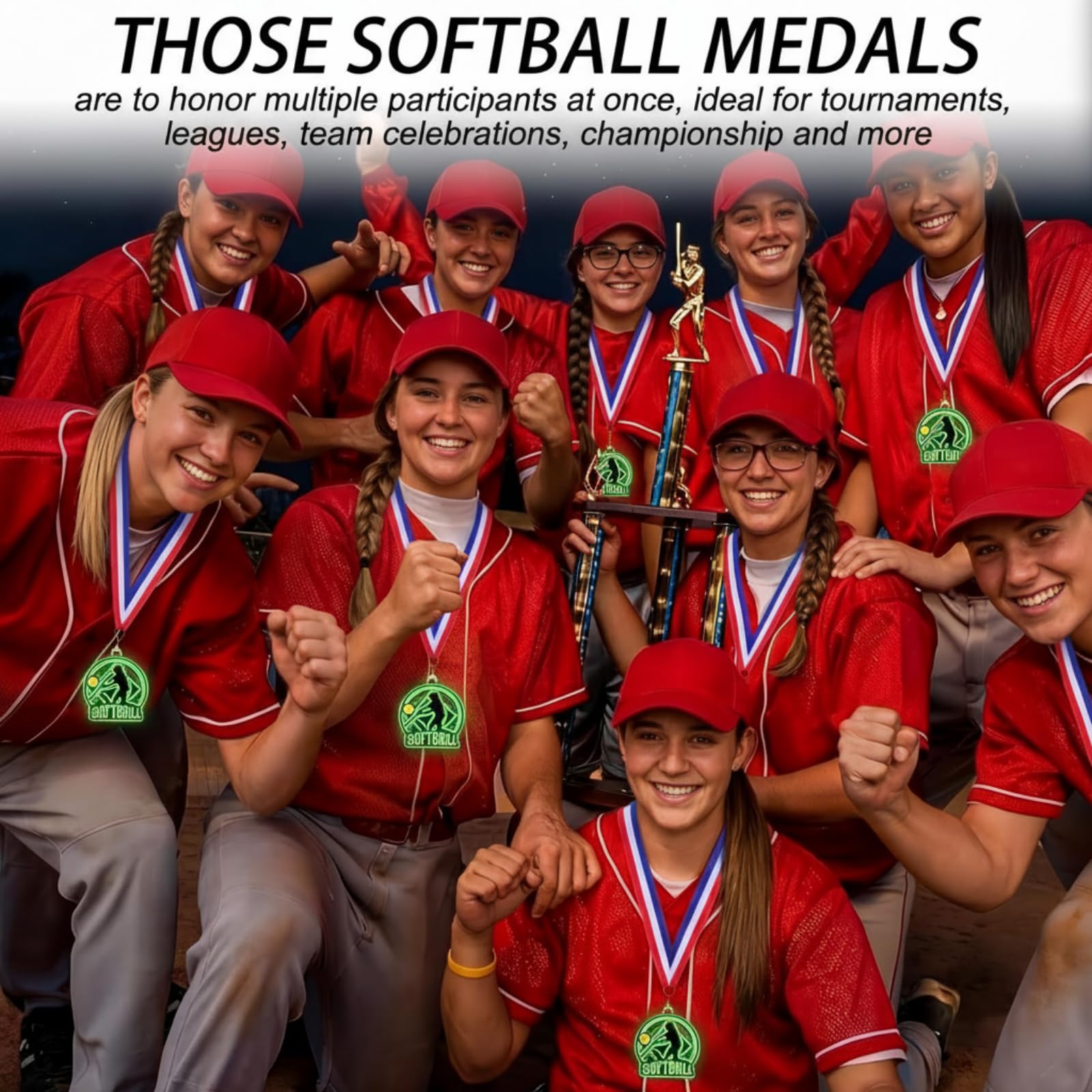 20 medallas que brillan en la oscuridad, medallas de premio de 2 pulgadas a granel con cinta para el cuello, trofeo deportivo para torneos de equipo, participación, competiciones, partidos