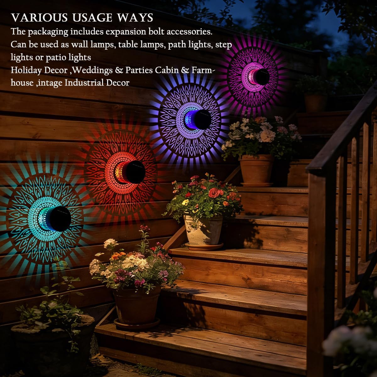 2 Pack Retro Solar Table Lantern Outdoor Waterproof Wall Light, 6 Color Changing Hollow Out Metal Garden Decor Step Lamp, Solar Powered Patio Porch Tabletop Decorations for Yard Pool Stairs