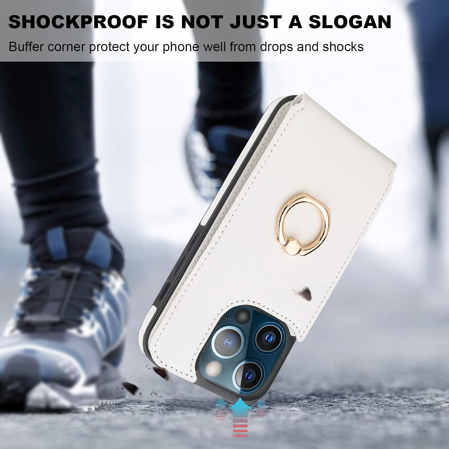 Folosu Compatible with iPhone 13 Pro Case Wallet with Card Holder, 360°Rotation Finger Ring Holder Kickstand Protective RFID Blocking PU Leather Double Buttons Flip Shockproof Cover 6.1 Inch White