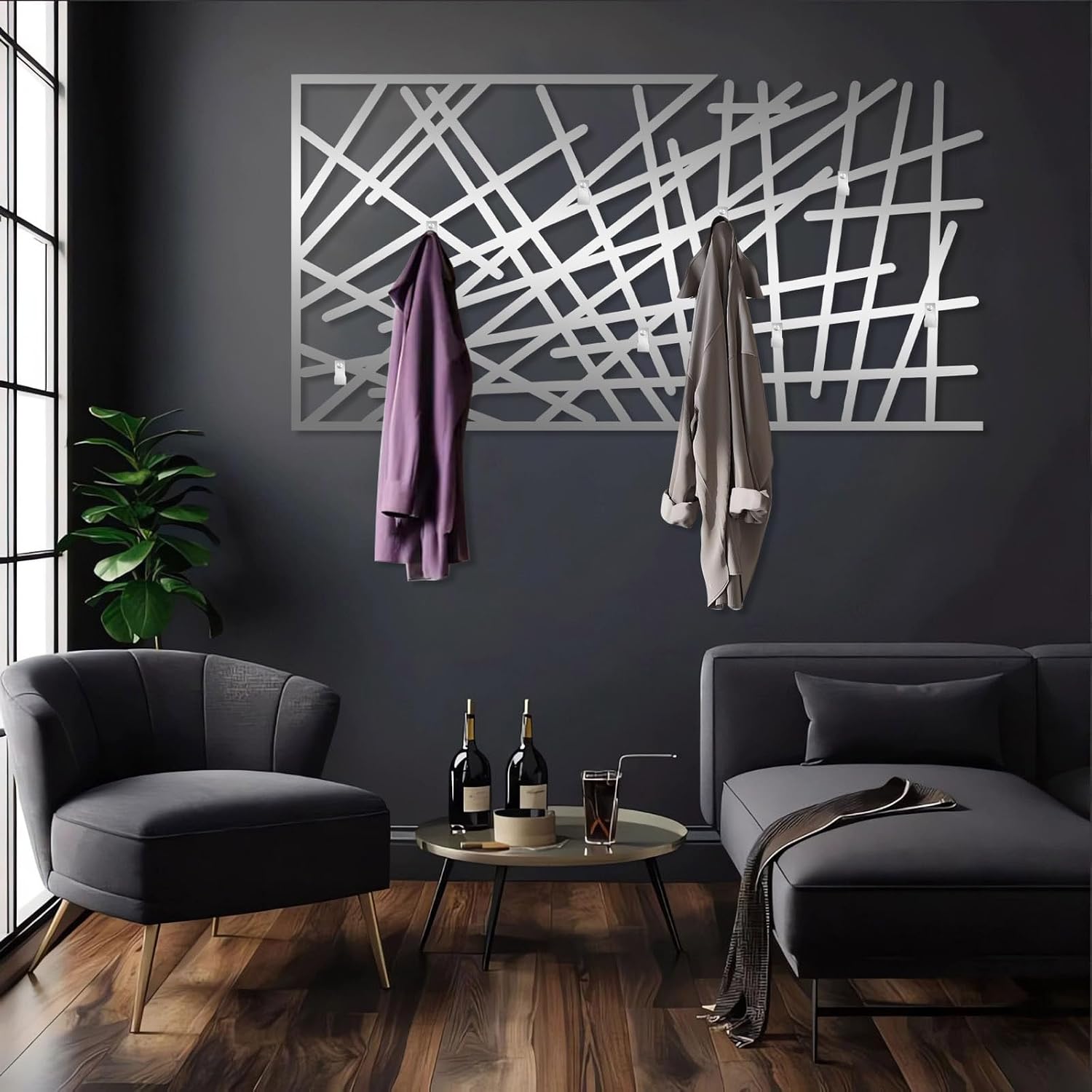 HOLECIC Abstract Metal Line Coat Rack Wall Mount, Modern Geometric Sculpture, Abstract Line Key Holder Wall Mounted, Geometric Clothes Hooks for Wall, Entryway Wall Decor (Silver, 24"x48"|62x121cm)