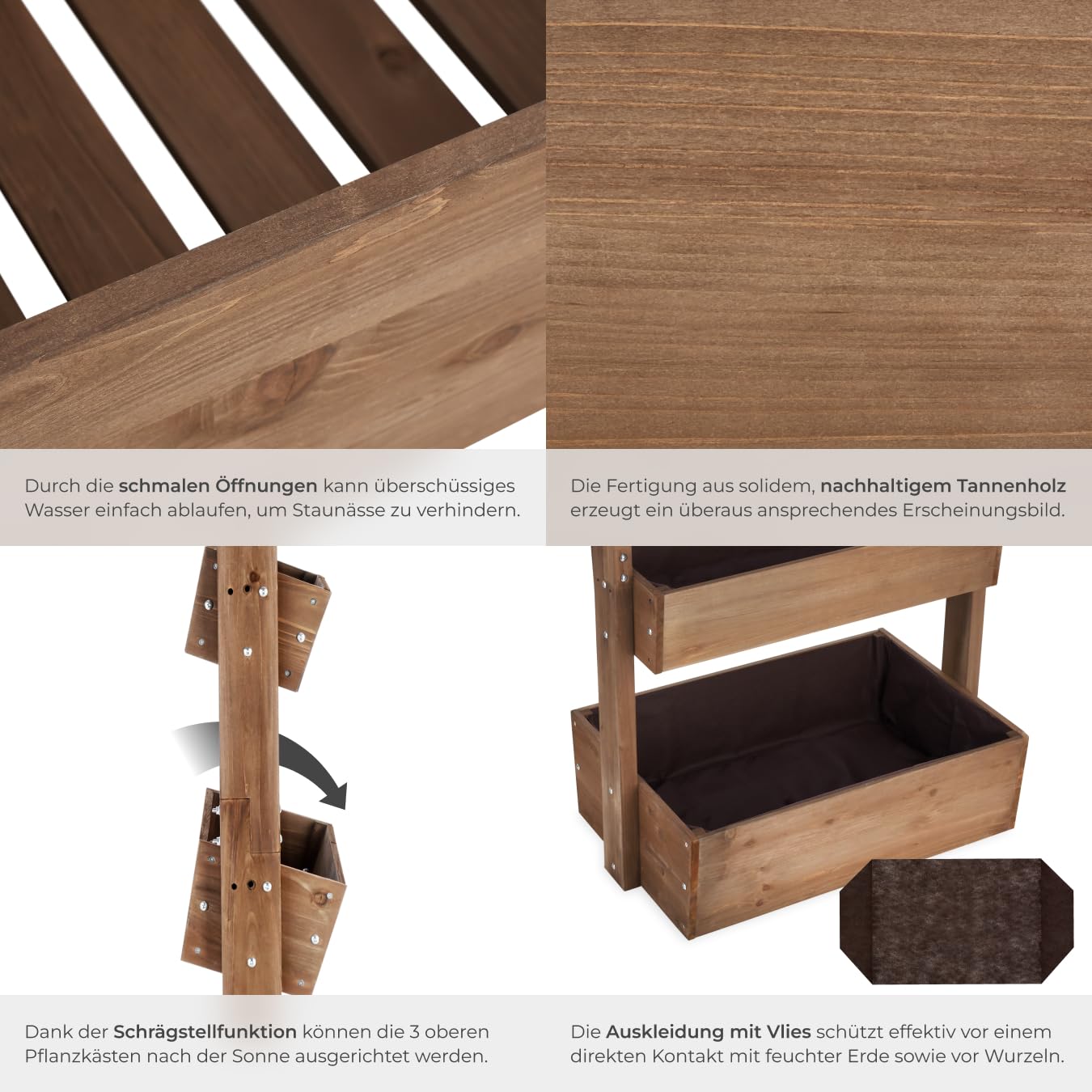 tectake® Vertikalbeet mit 4 Etagen, Hochbeet aus Holz, Pflanztreppe, Hochbeet Balkon, Blumenbeet, Kräuterbeet, Gemüsebeet, Pflanzenregal, Blumenkasten Holz mit Pflanzvlies - braun, 85 x 45 x 140 cm