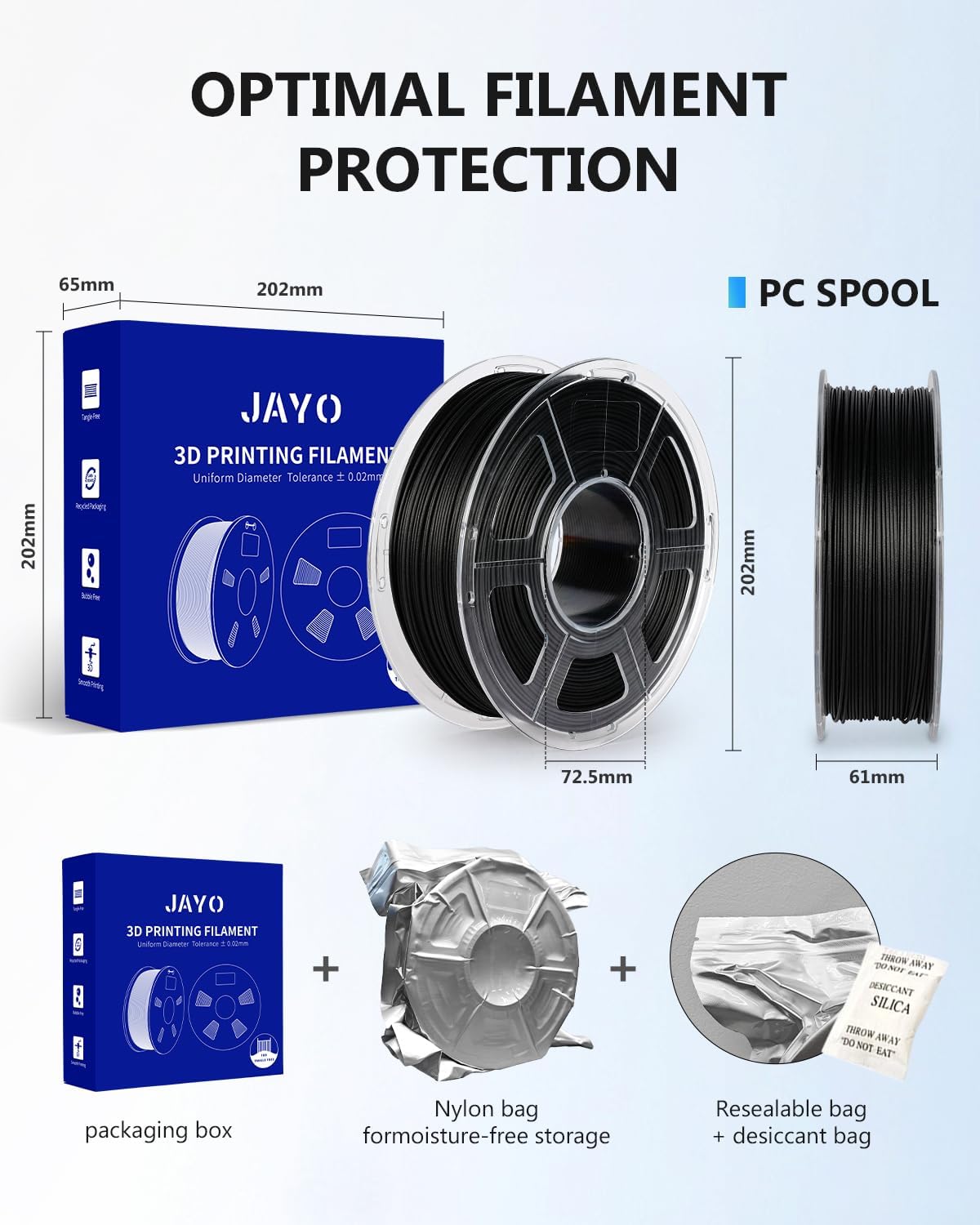 JAYO PA6-CF Nylon Carbon Fiber Filament 1.75mm, Engineering-Grade High Strength & Heat Resistant (Up to 209°C), Low Warping, Vacuum Sealed for Functional Prototyping & Industrial Parts 1kg Spool