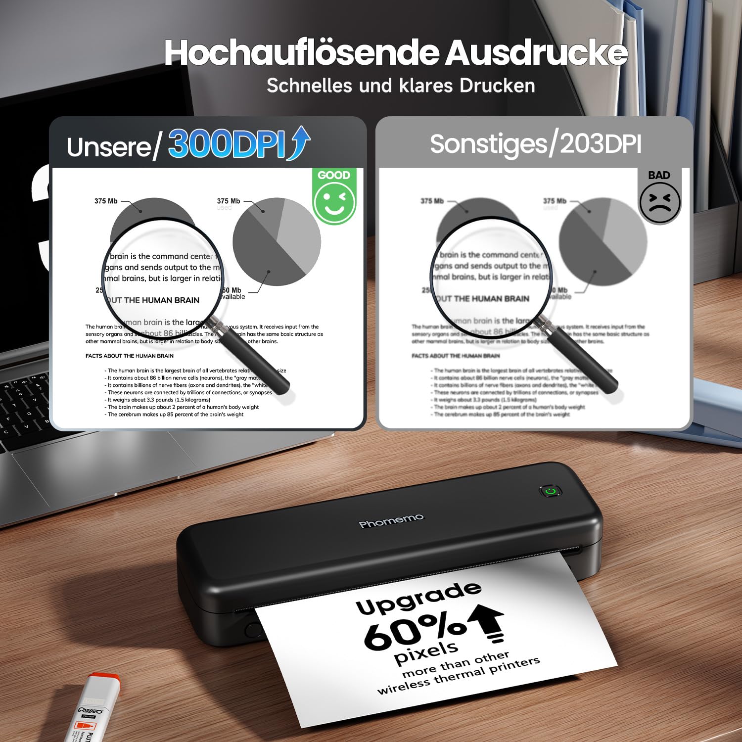 Phomemo M834 Thermodrucker A4, Mobiler Drucker A4 für Unterwegs, Büro, Schule, Zuhause, Kompatibel mit Smartphones und Computern, Tragbarer Drucker mit Tragetasche und 4 Rollen Thermopapier, Schwarz