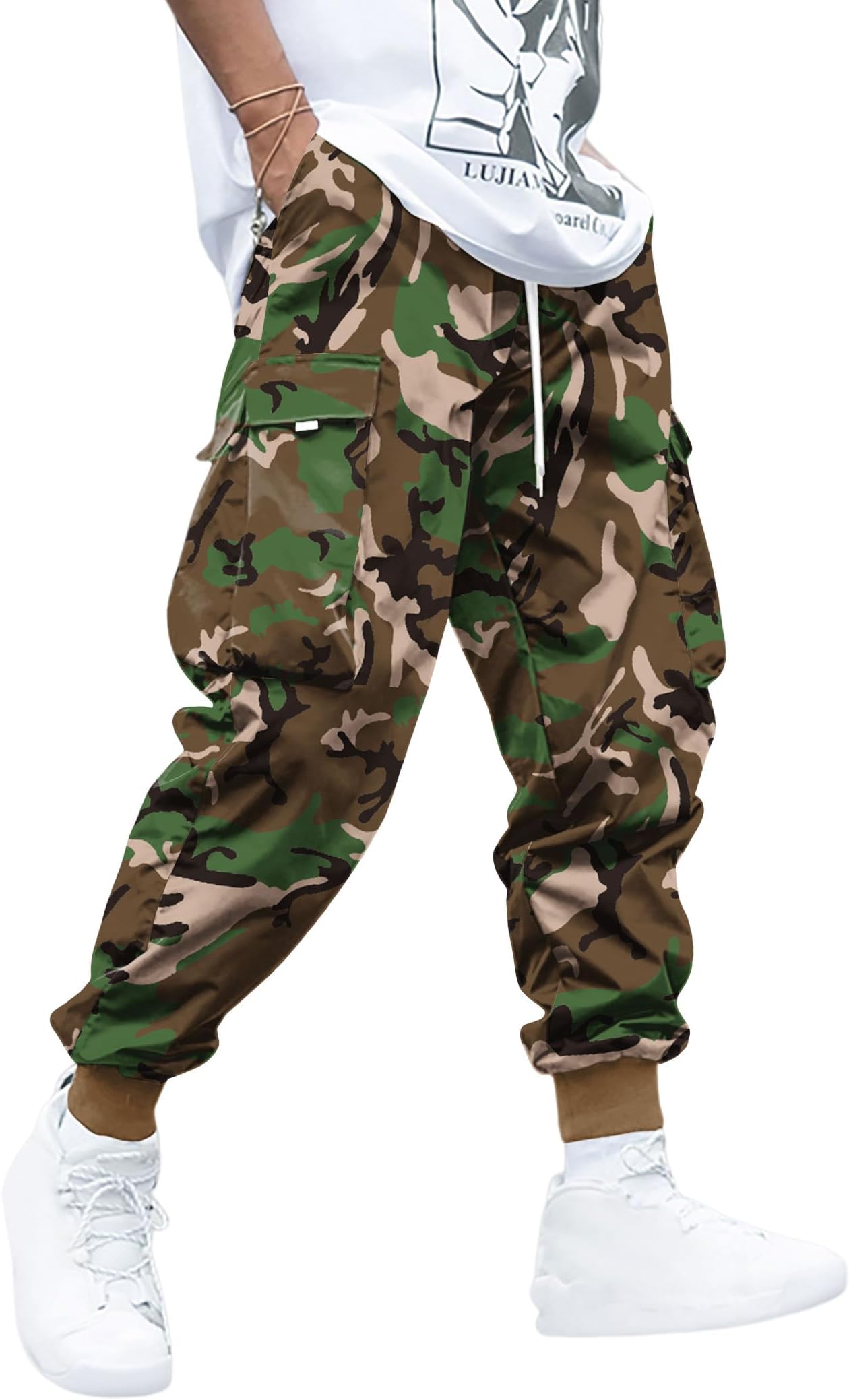 Men's Flap Pocket Drawstring Techwear Cargo Pants Athletic Elastic Joggers Casual Trousers Sweatpants