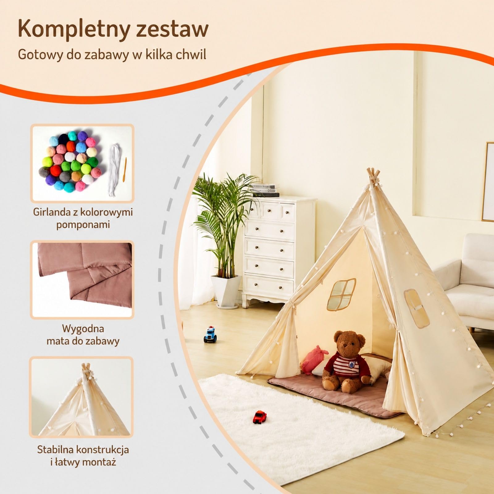 Beżowy namiot tipi do zabawy z matą, pluszowymi piłkami, tkaniną brzoskwiniową, drewnianymi drążkami, stożkowy kształt, 1 drzwi, 2 okna, do wnętrz i na zewnątrz