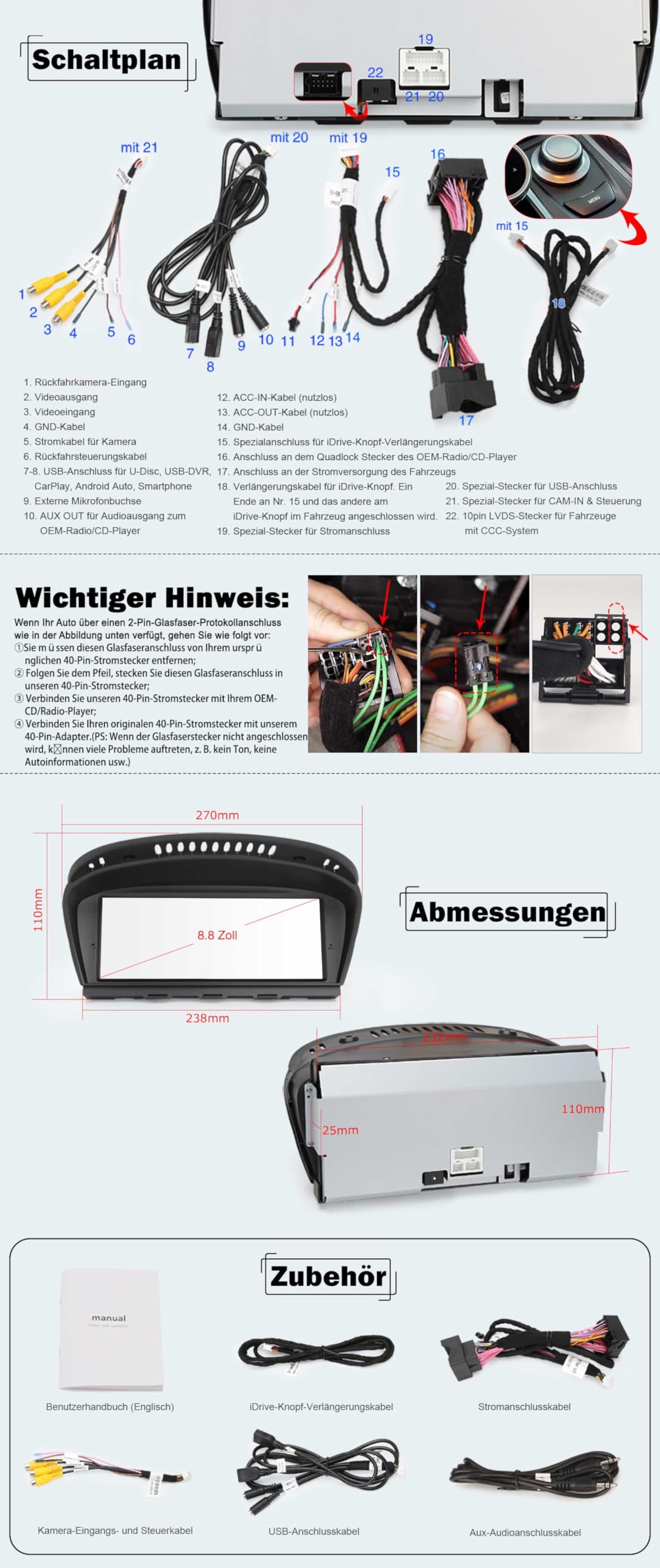 8.8 Zoll Autoradio CarPlay für BMW 3er E90 E91 E92 E93 5er E60 E61 6er E63 E64 CCC-System Unterstützt Touch Screen OEM iDrive Wireless Android Auto Bluetooth WiFi Canbus GPS Navi Schnellstart Linux