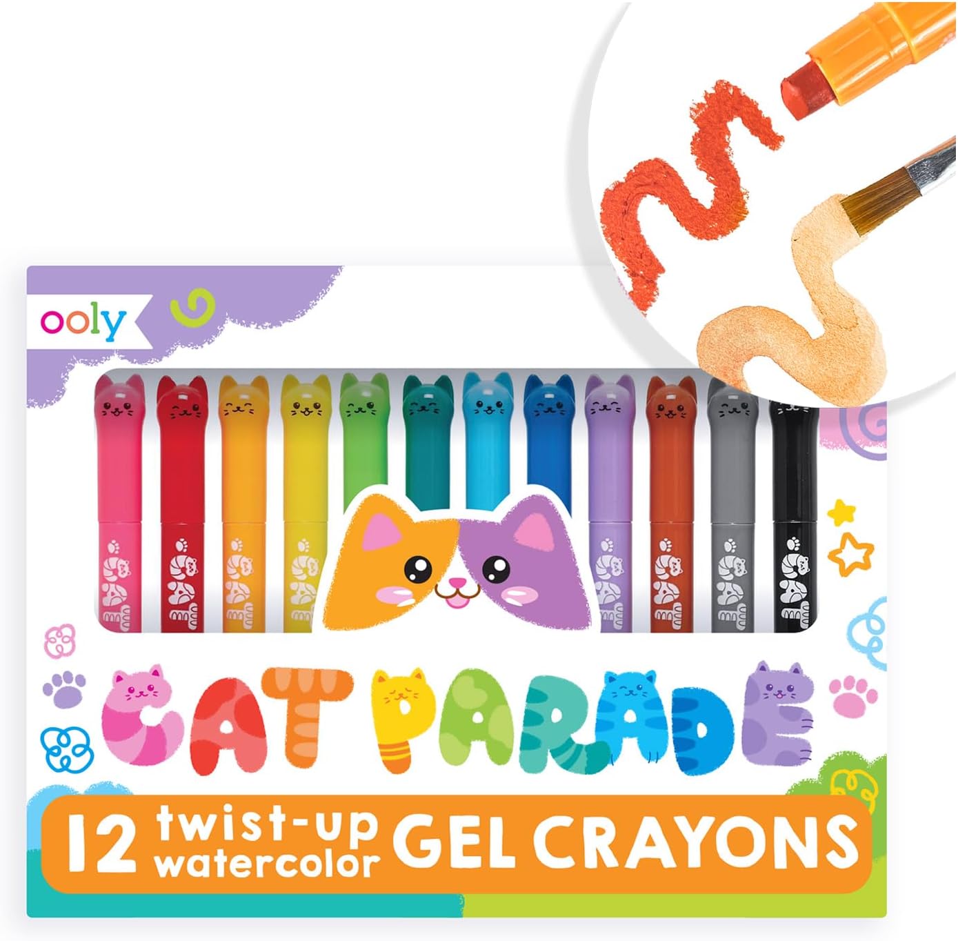 Cat Parade Gel Crayons for Kids and Adults - Set of 12 Rainbow Color Crayons for Glass and Paper Surfaces with Cat-Shaped, Twist-Up Caps - Smooth Gliding Gel Crayon Set