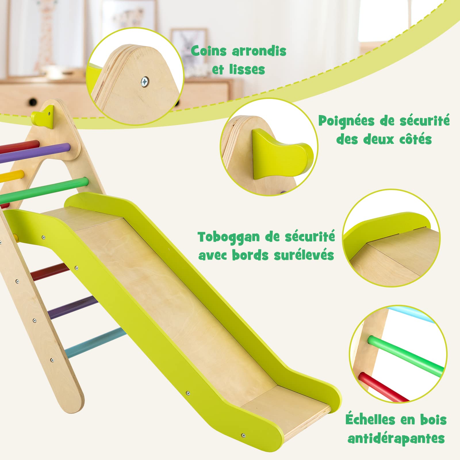 DREAMADE Triangle d'escalade avec Toboggan en Bois 3 en 1 Jouet Montessori pour Grimper & Glisser Convient à Enfants 1+ Ans (Multicolore)