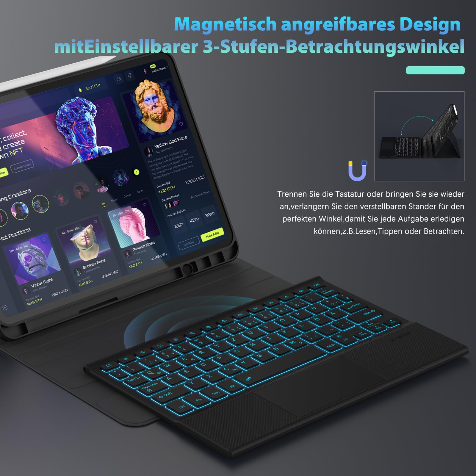 Tastatur Mit Touchpad Für Lenovo Tab M11 2024 – Magnetische Bluetooth QWERTZ Deutsch Abnehmbare Hülle Blau | TB330FU/TB330XU
