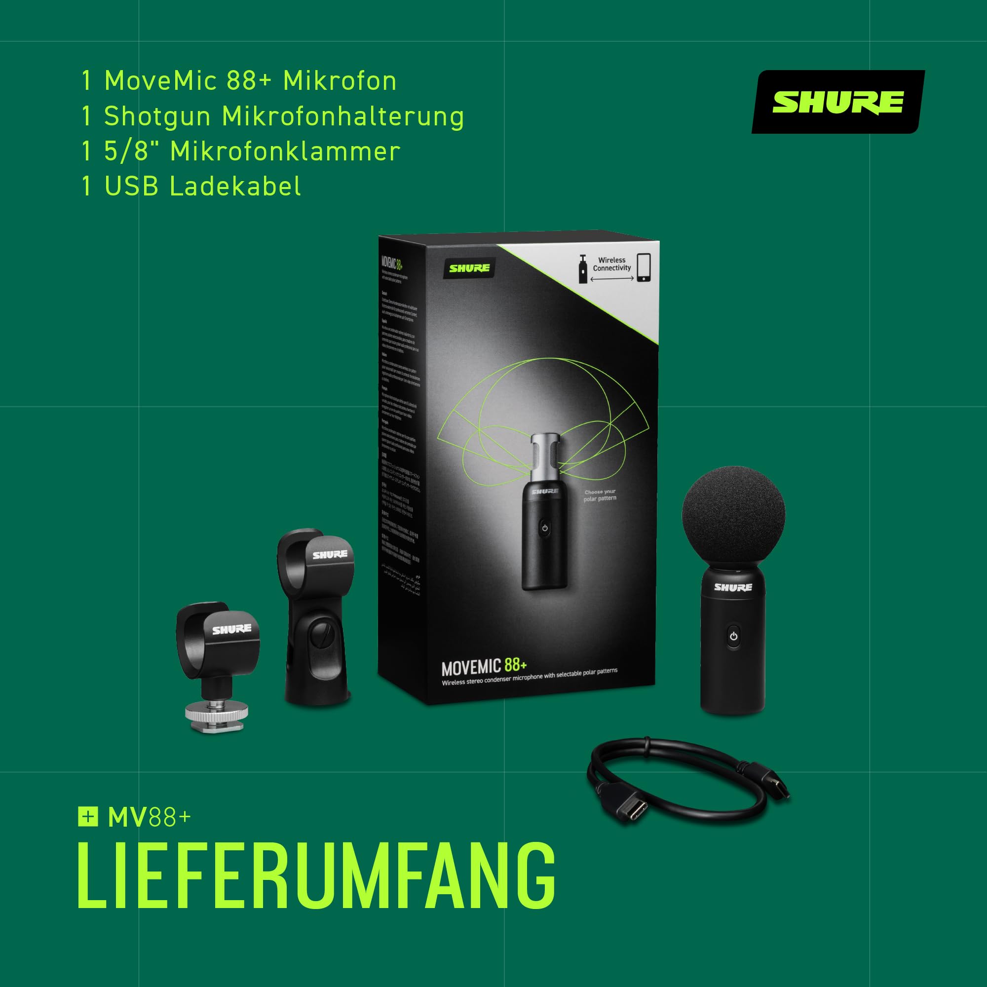 Shure MoveMic 88+ Drahtloses Mikrofon - Professioneller Audio-Recorder für Film-/Feld-Aufnahmen und Interviews, Stereo-Mikro 4 Richtcharakteristiken | Kompatibel mit iOS/Android über Motiv App