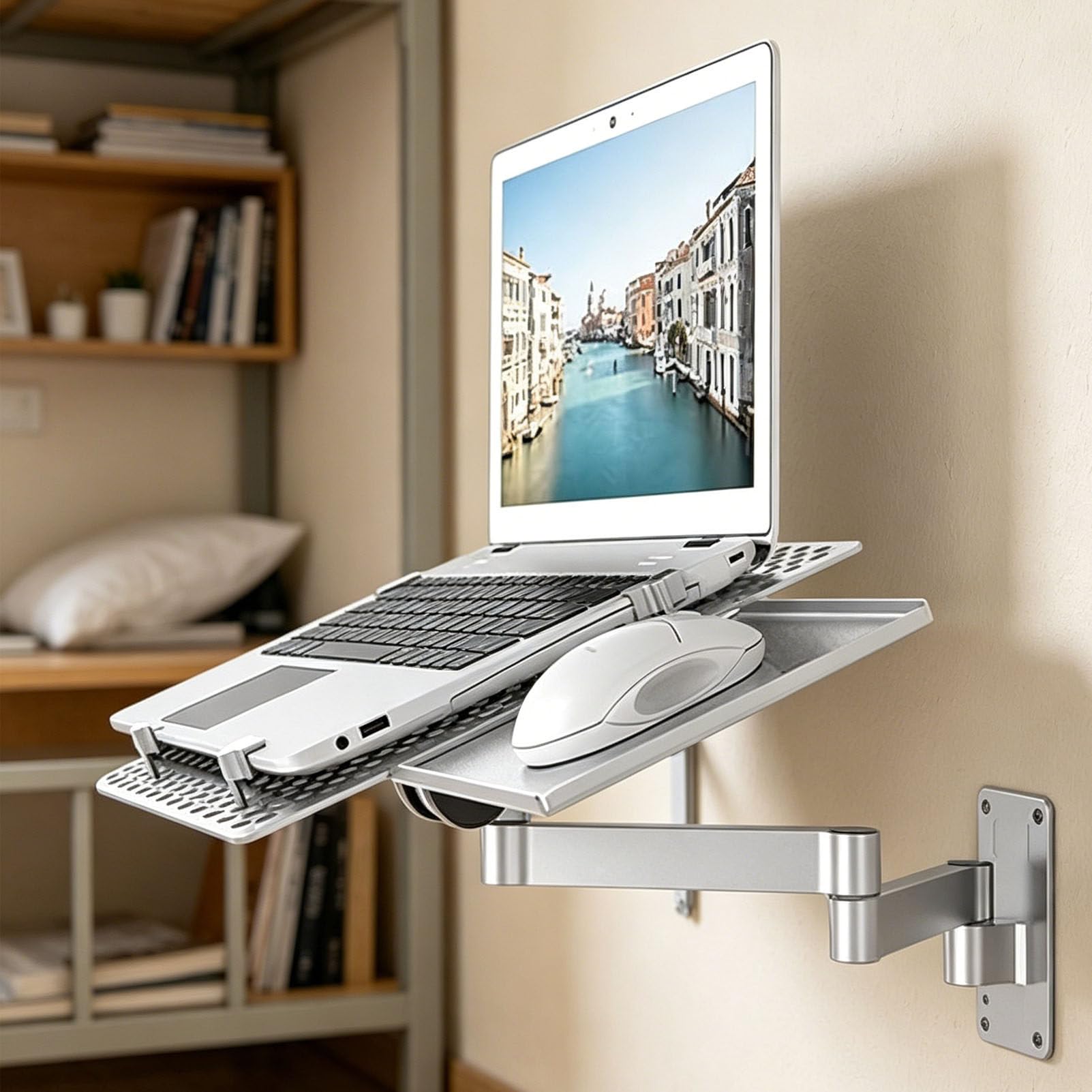 PioMue Full Motion Wall Mount Keyboard Arm Tray, 40cm Reach Extendable Dual Arm Ergonomic Platform For Office Industrial Workstation