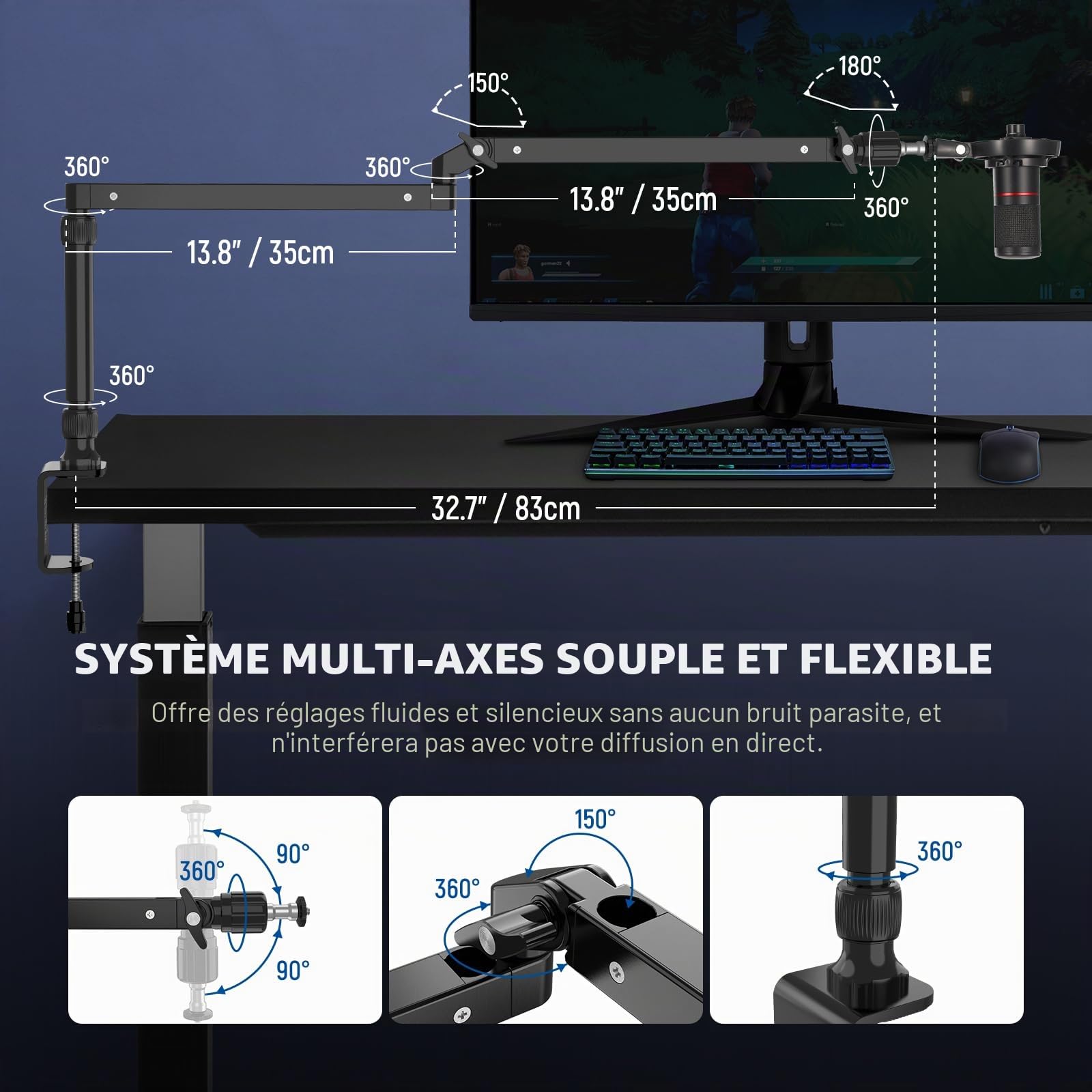 NEEWER MST002 Support de bureau à profil bas avec amortissement, bras articulés pivotants à 360 ° avec poteau de hauteur et canaux de gestion des câbles pour microphone, baladodiffusion