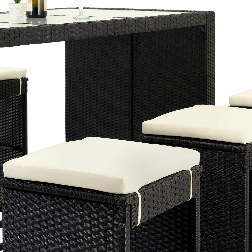 Deuba Bar de Jardin 6+1 en Polyrotin Noir avec Coussins Ensemble Table et Tabourets d'Extérieur