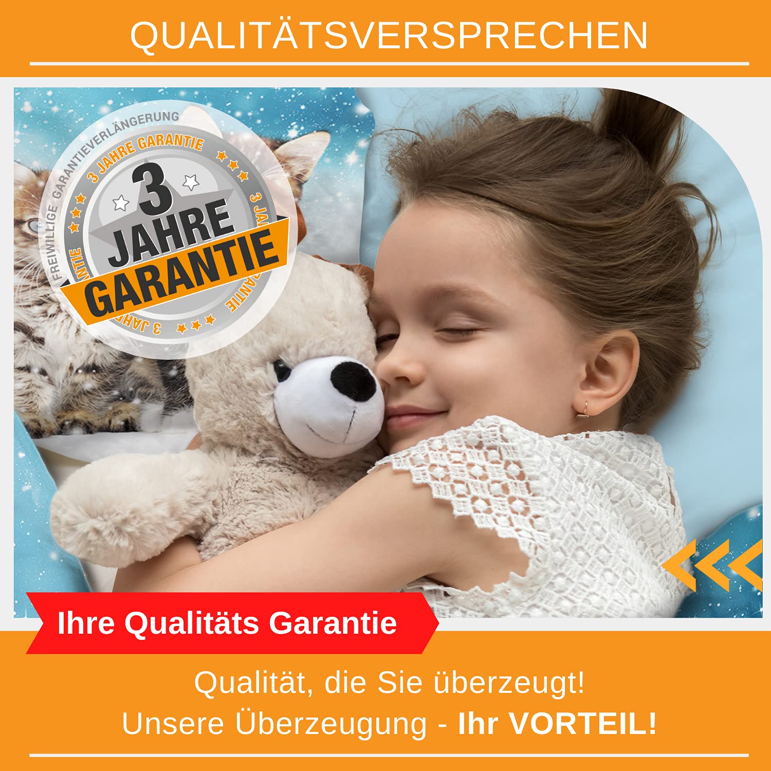 Aminata kids Bettwäsche Katze Biber 135x200 Kinder 100% Baumwolle blau