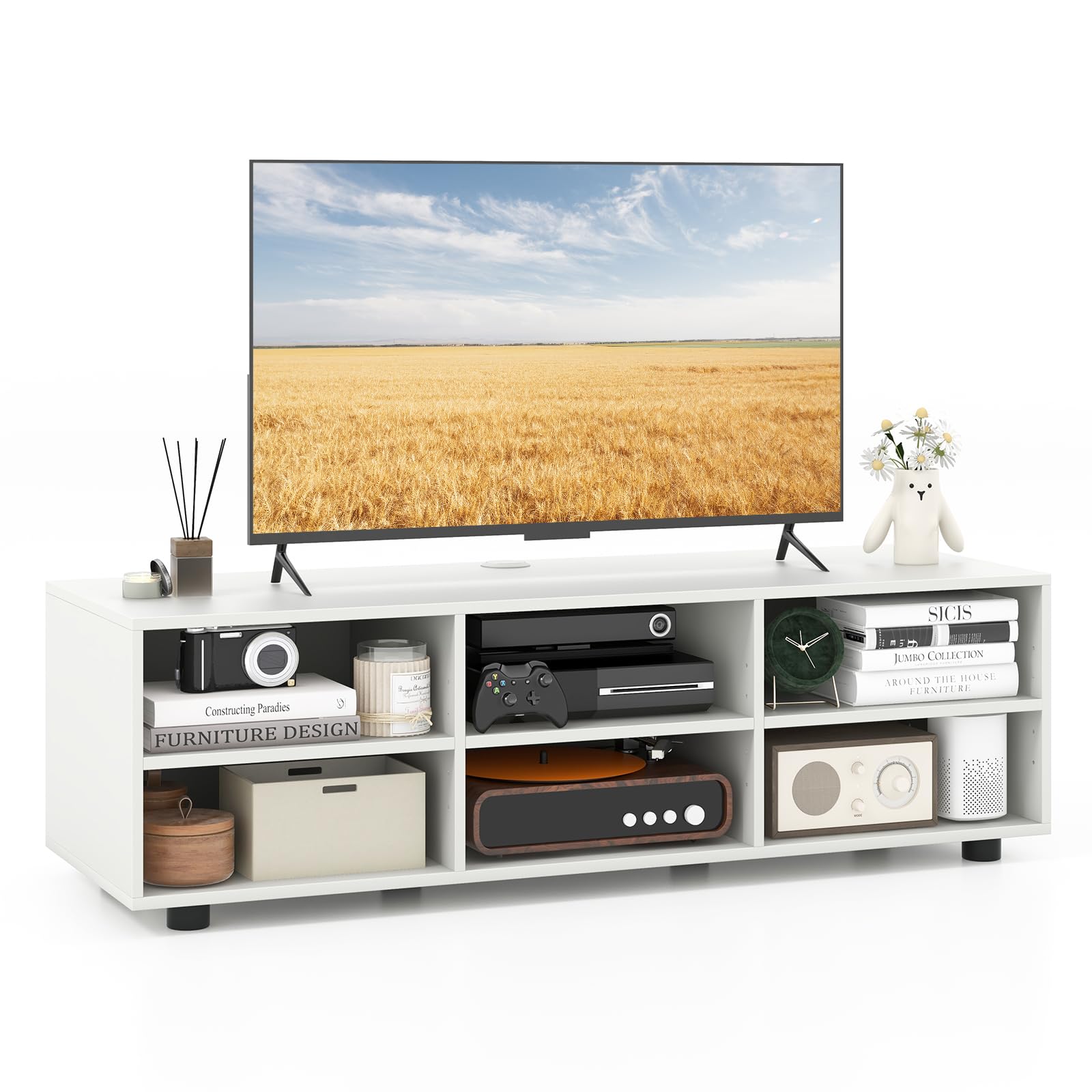 Tangkula White TV Stand for TVs up to 50”, Modern Media Entertainment Center with 3 Adjustable Shelves and Cable Management Hole, 6 Cubby TV Console