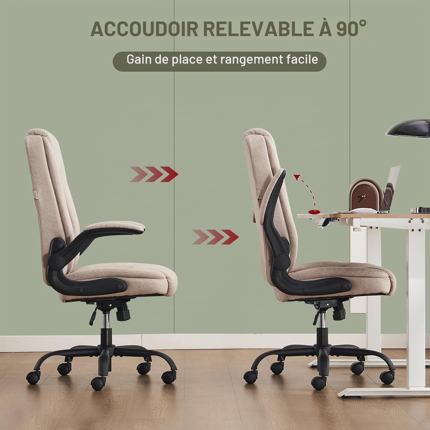 CASTLOVE Chaise de bureau ergonomique avec accoudoirs rembourrés, pliable, hauteur réglable, fonction bascule et appuie-tête, confortable pour chaise de bureau à domicile, 150 kg, tissu beige