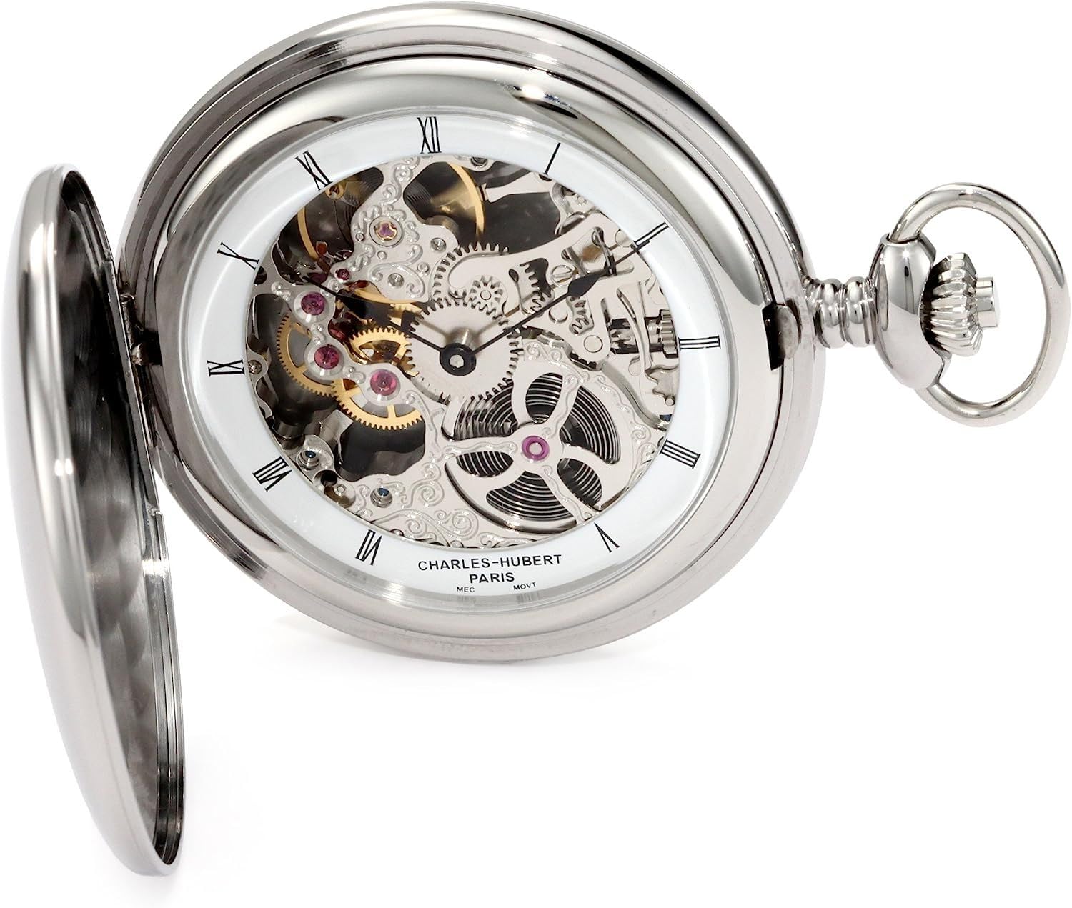 Charles Hubert 3905-W Men's Pocket Watch, Mechanical Hand Winding, Skeleton, Silver
