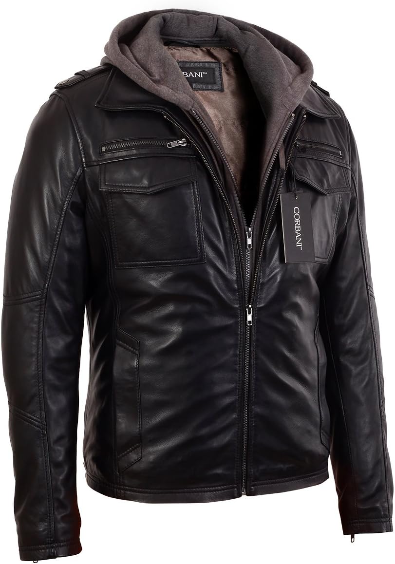Mens Black Bomber Lambskin Real Leather Jacket with Hood