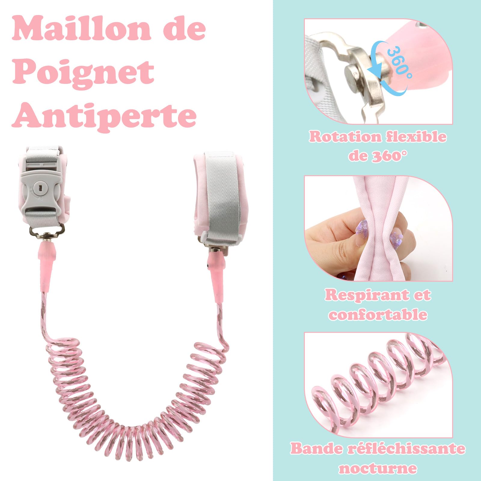 VEGCOO 2 Pcs Laisse Enfant Anti-Perte, 2,5m Harnais Enfant Rotation 360° avec Serrure à Clé, Bracelet Securite Enfant Réfléchissante en Silicone pour l'Extérieur, Supermarché, Voyages (Rose et Vert)