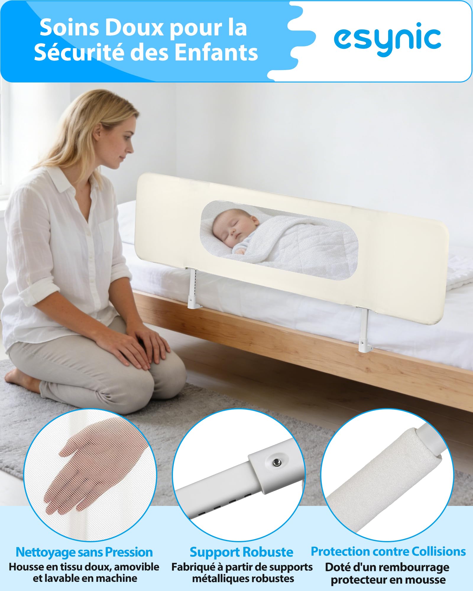 eSynic Barrière de Lit Enfant Pliable 150 x 41 cm Base en U Réglage en Hauteur Attache de Ceinture de Sécurité Barriere de Sécurité Lit Tissu Maillé Protection Anti-Collision avec Sac de Rangement