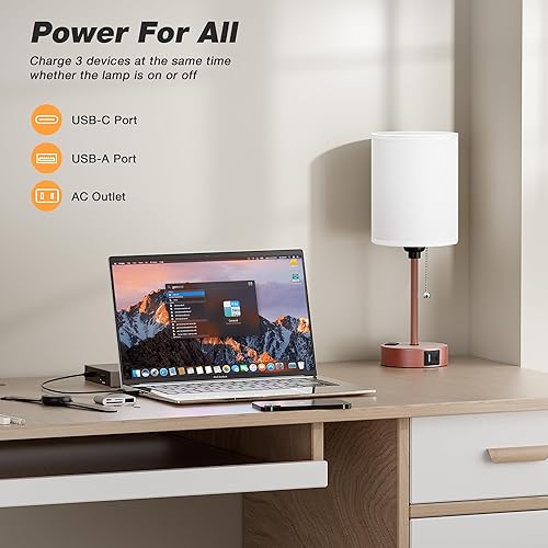 Miniatura 13 de Lámparas de noche pequeñas, 3 modos de color, blanco roto 3000K 4000K 5000K Lámparas de dormitorio con puertos USB C y A, lámparas de mesa de cadena