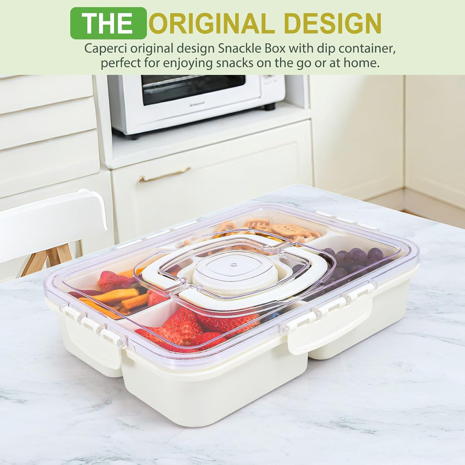 Caperci 2 Pack Large Portion Snackle Box Container - 5 Compartments Veggie Fruit Snack Divided Serving Tray with Lid & Dip Container for Party Picnic, Leak-Proof, Dishwasher Safe, BPA-Free (Set of 2)