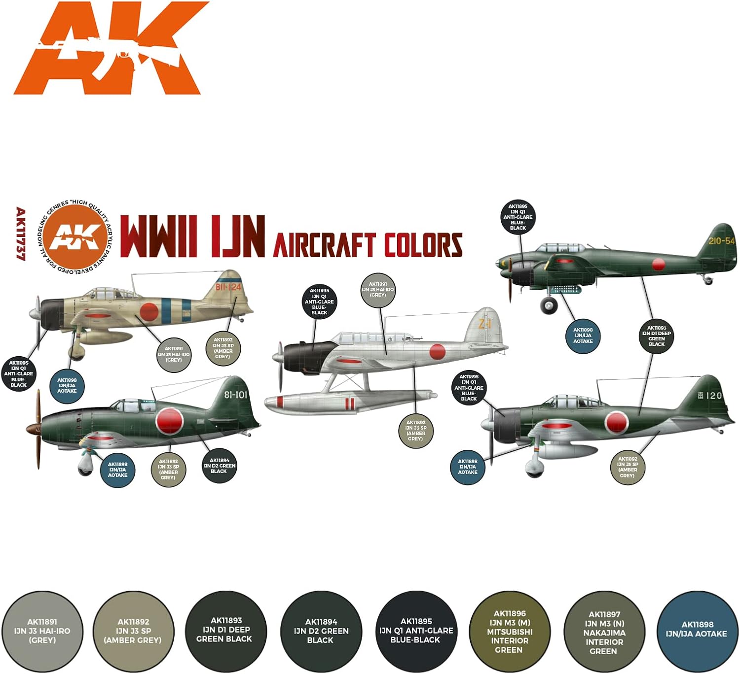 AK Acrylics 3Gen Aircraft Set AK11737 WWII IJN Aircraft Colors Set 3G (8x17ml)