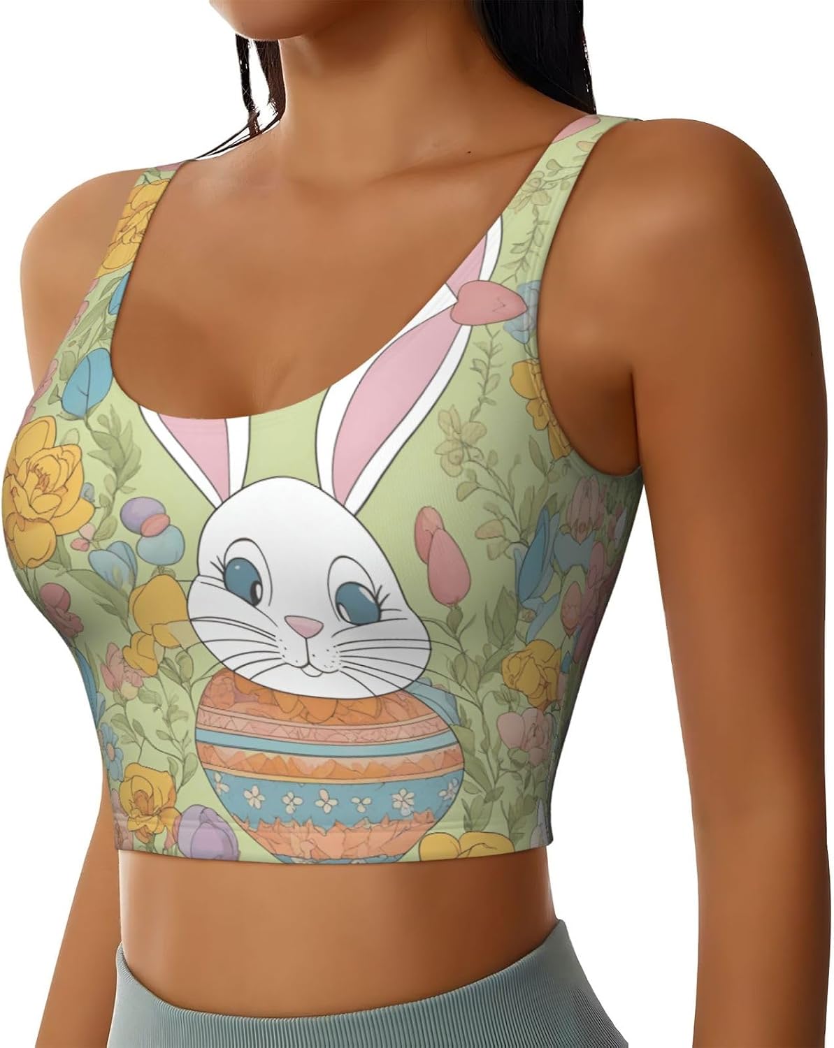 Easter Bunny Floral Print Women'S Sports Bra Tank Tops,Longline Sports Bras For Yoga,Workout And Running