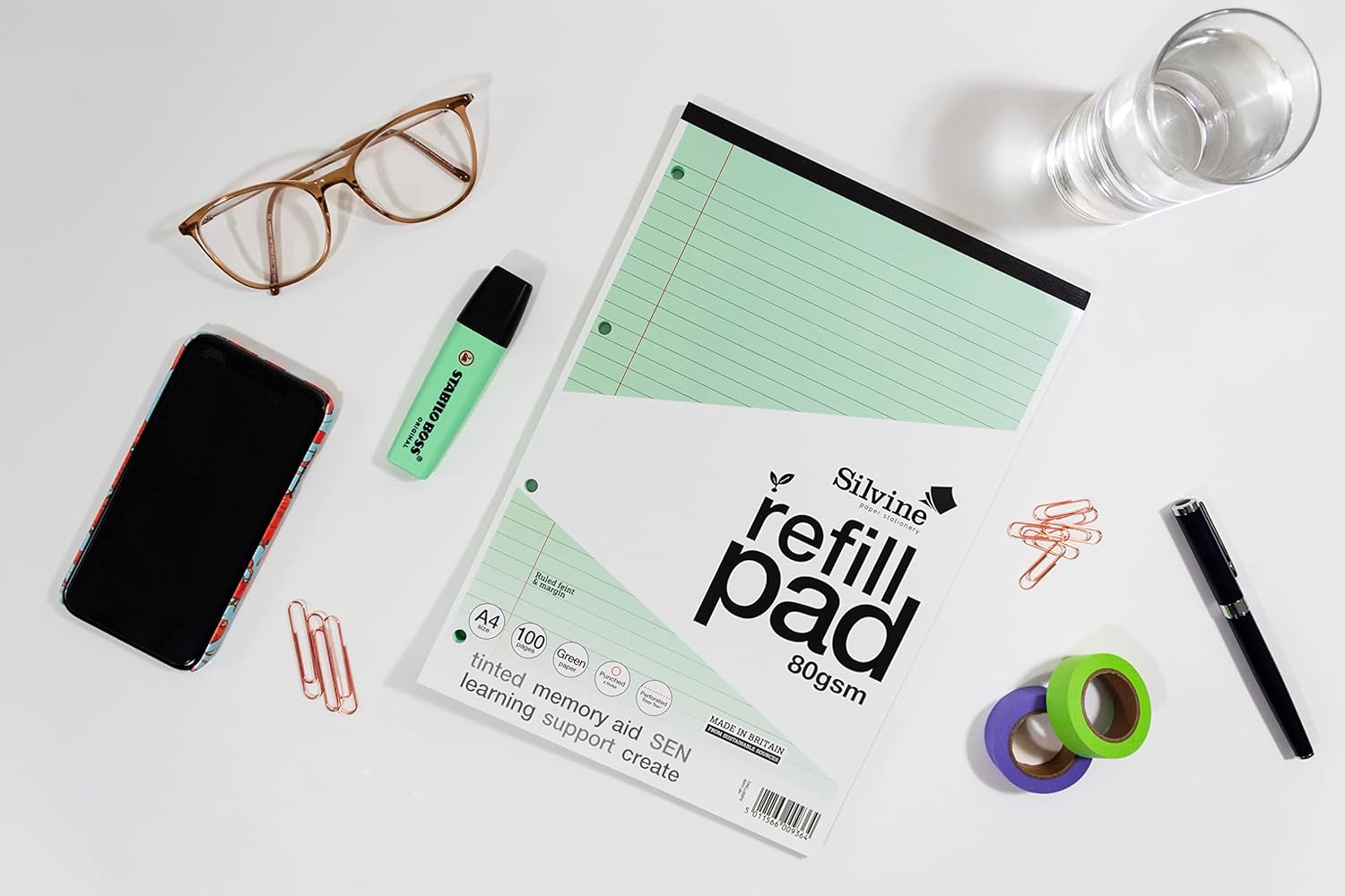 Silvine A4 Green Paper Dyslexia Refill Pad - Lined with Margin (100 Pages)