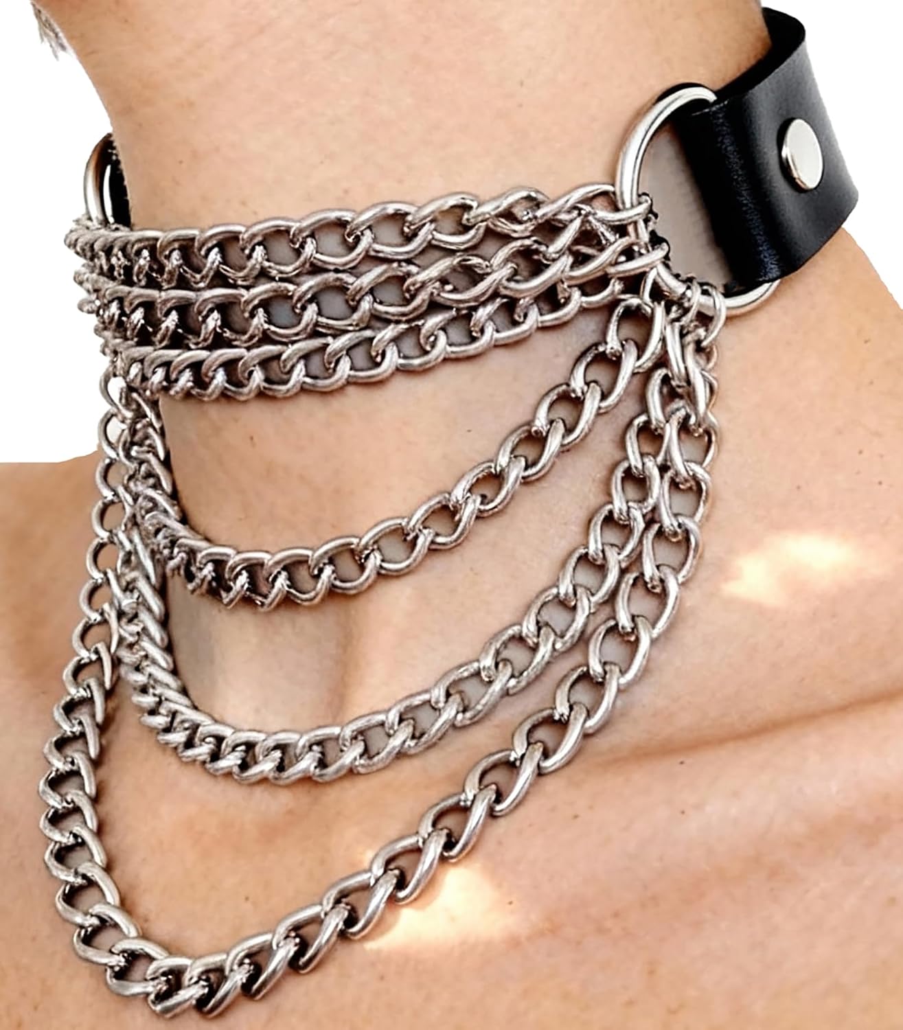 Gothic PU Leather Chain Choker for Women, Adjustable Multi-Layer Alloy Chain Collar, Punk Rock Festival Necklace, Edgy Goth Choker for Rave, Party, Clubwear Accessories (Fits neck 13.2-15.2in)