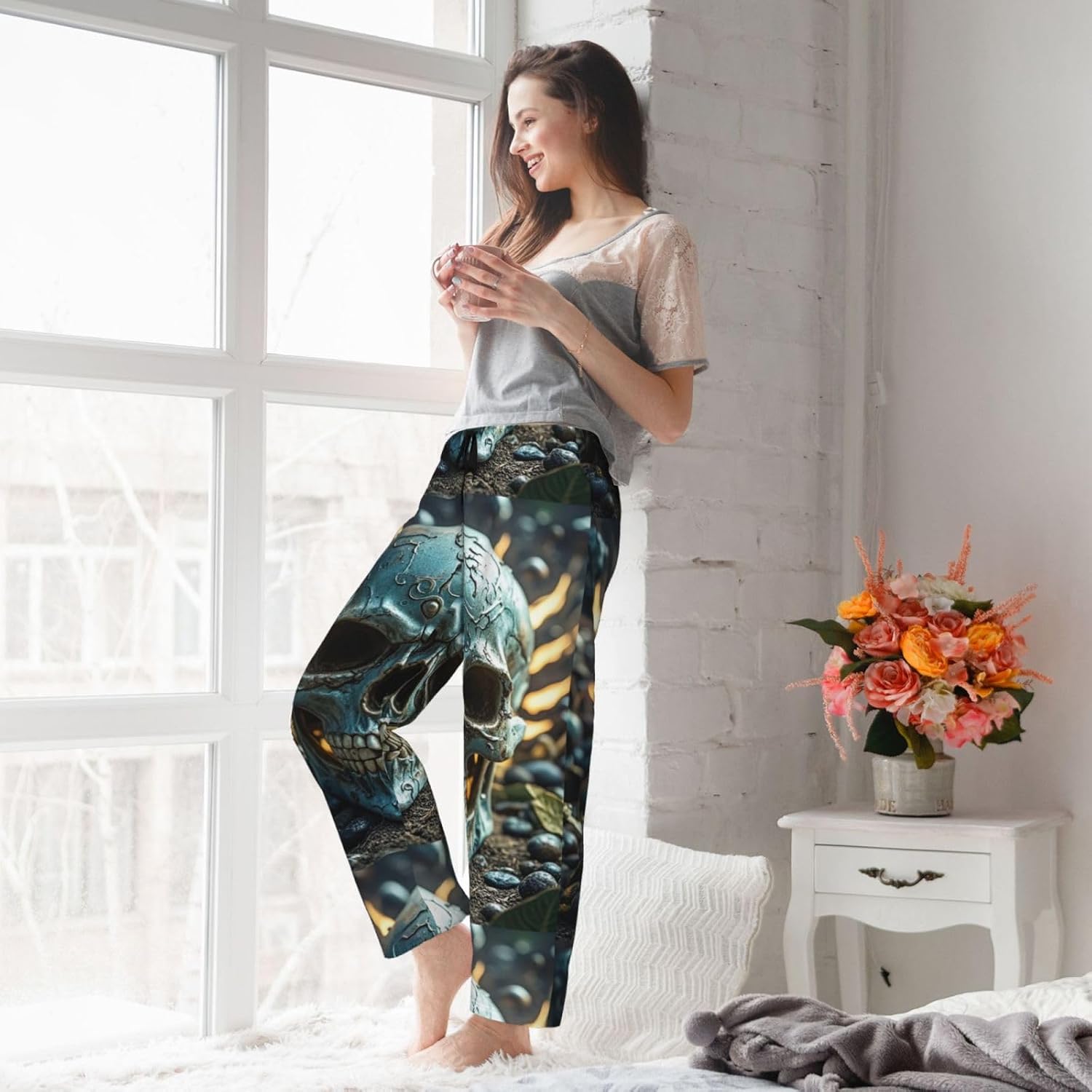 Womans Pajama Pants Soft Comfy Pajama Bottom with Pockets Cool Evil Skull Sleep Pant Womans Lounge Pant
