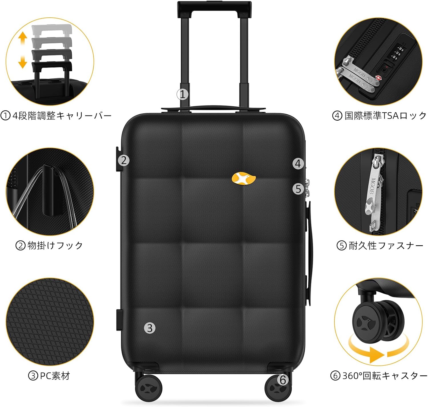 ※新品※Sサイズ MGOB スーツケース フック機能 ダブルキャスター ブラック Amazon.co.jp: [MGOB] キャリーケース スーツケース 機内