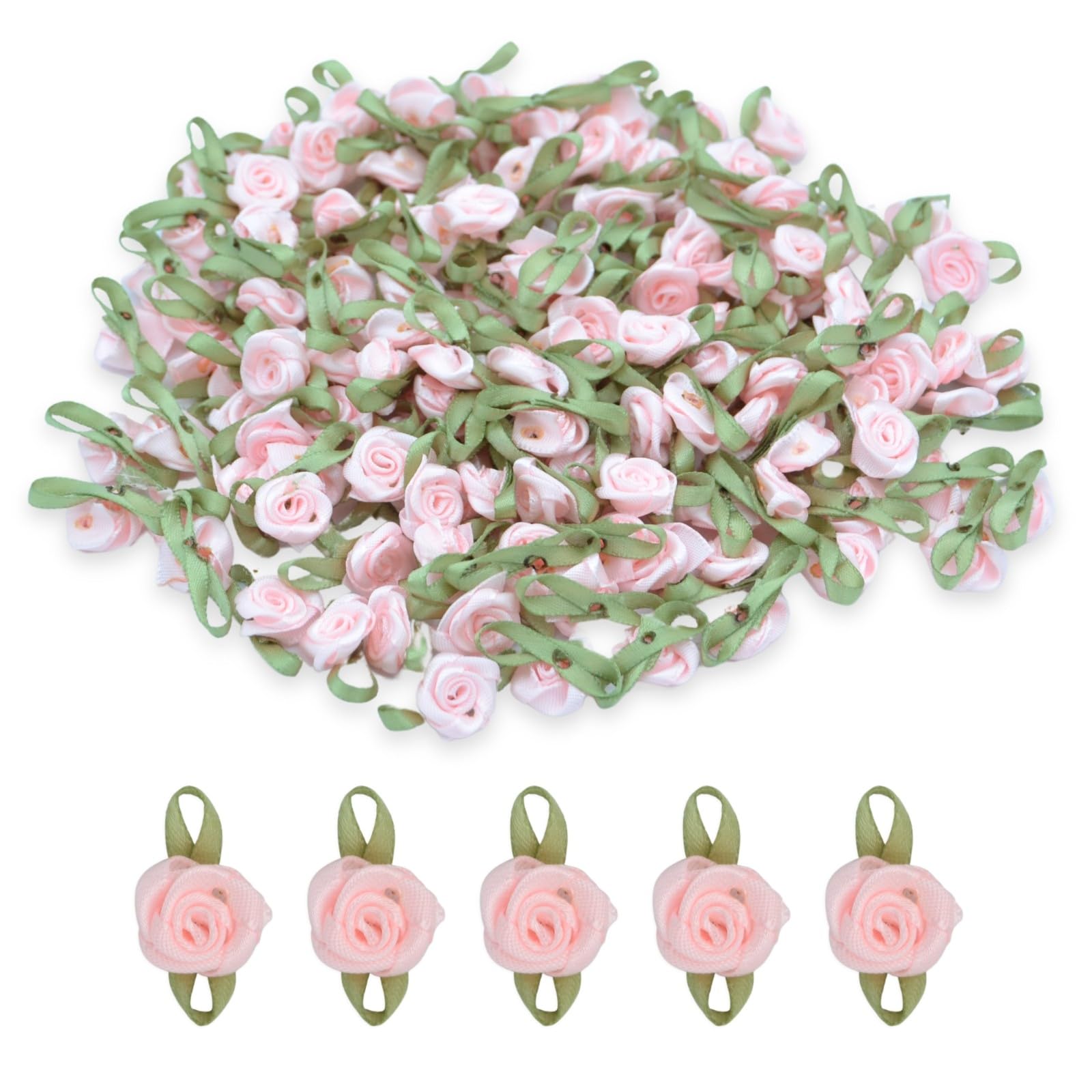 celloexpress 15mm Light Pink #17 Satin Ribbon Roses with Green Leaves - Small Flower Buds - Crafts, Embellishments (Pack of 25)