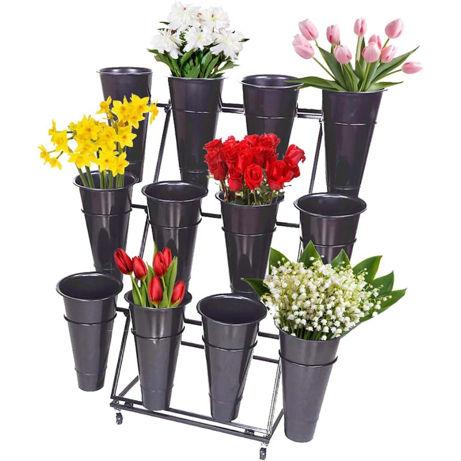 Présentoir à fleurs avec seaux en plastique étagère de fleuriste en fer forgé noir