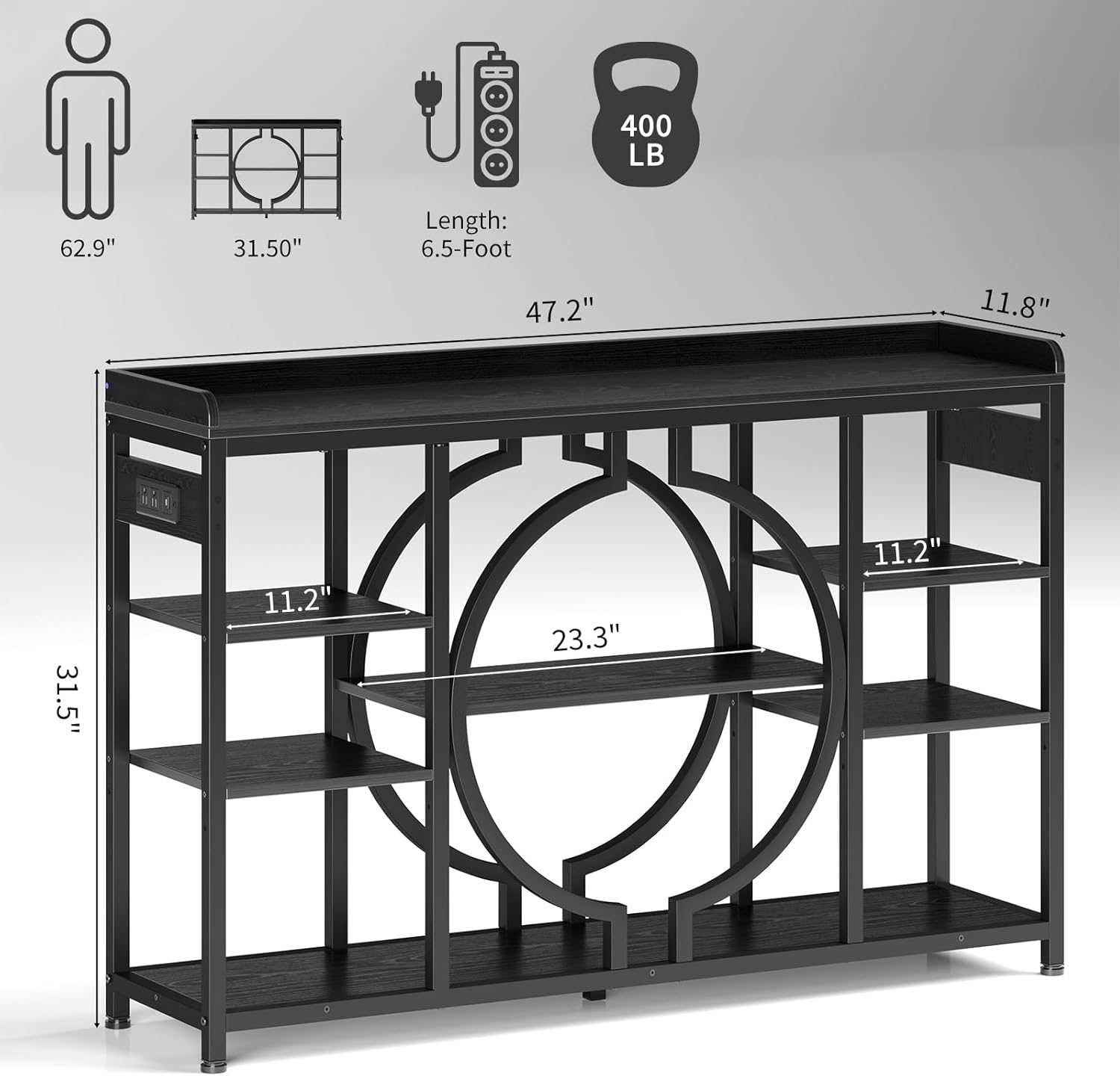 GOLDDAY 47.2 Inch Console Tables with Charging Station and LED Light, 4 Tier Black Industrial Sofa Table with storage for Entryway, Wooden Shelves Entry Table for Hallway, Entrance, Foyer, Living Room